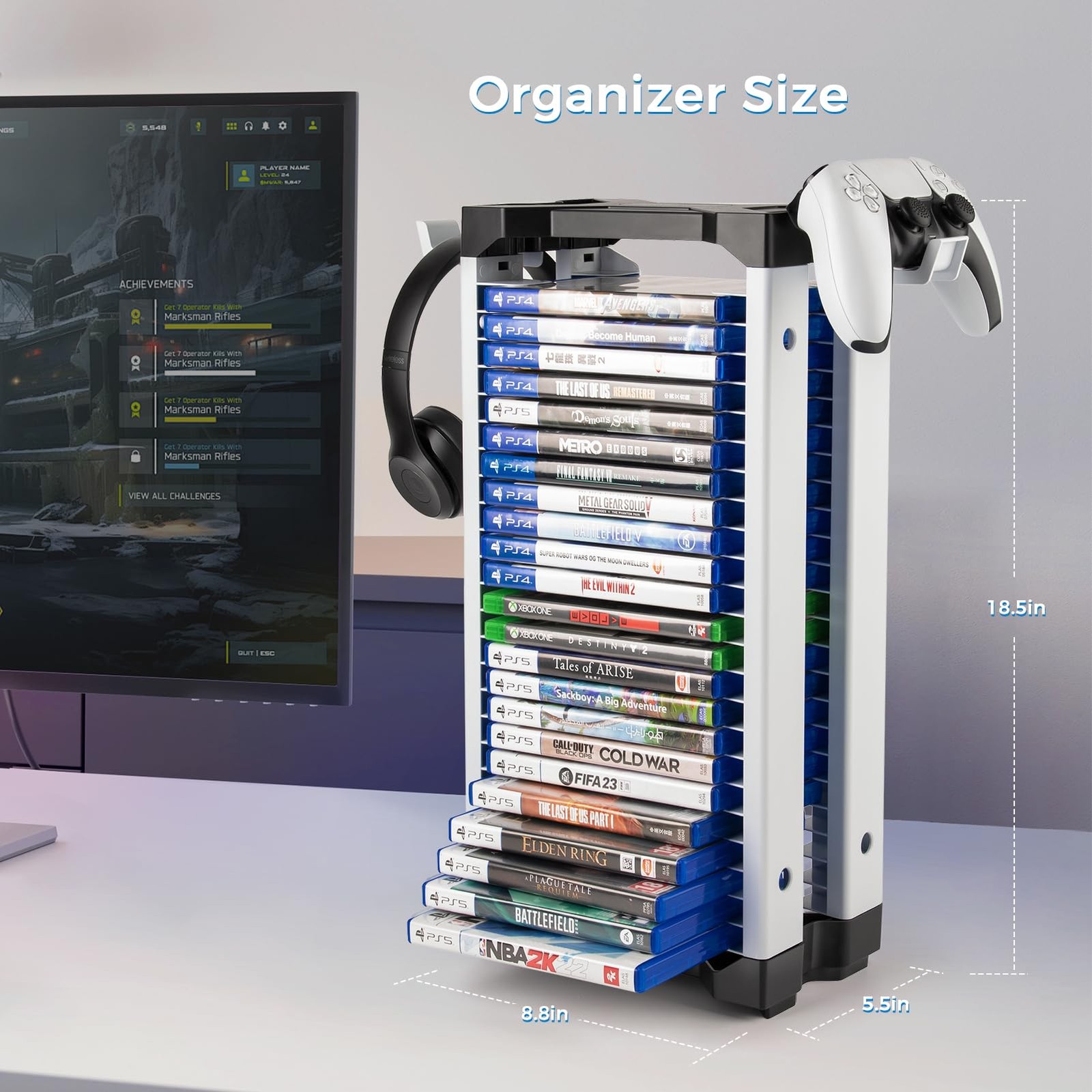 ASFSKY Video Game Storage Tower – 24 Games Holder Stand 23, Black and White