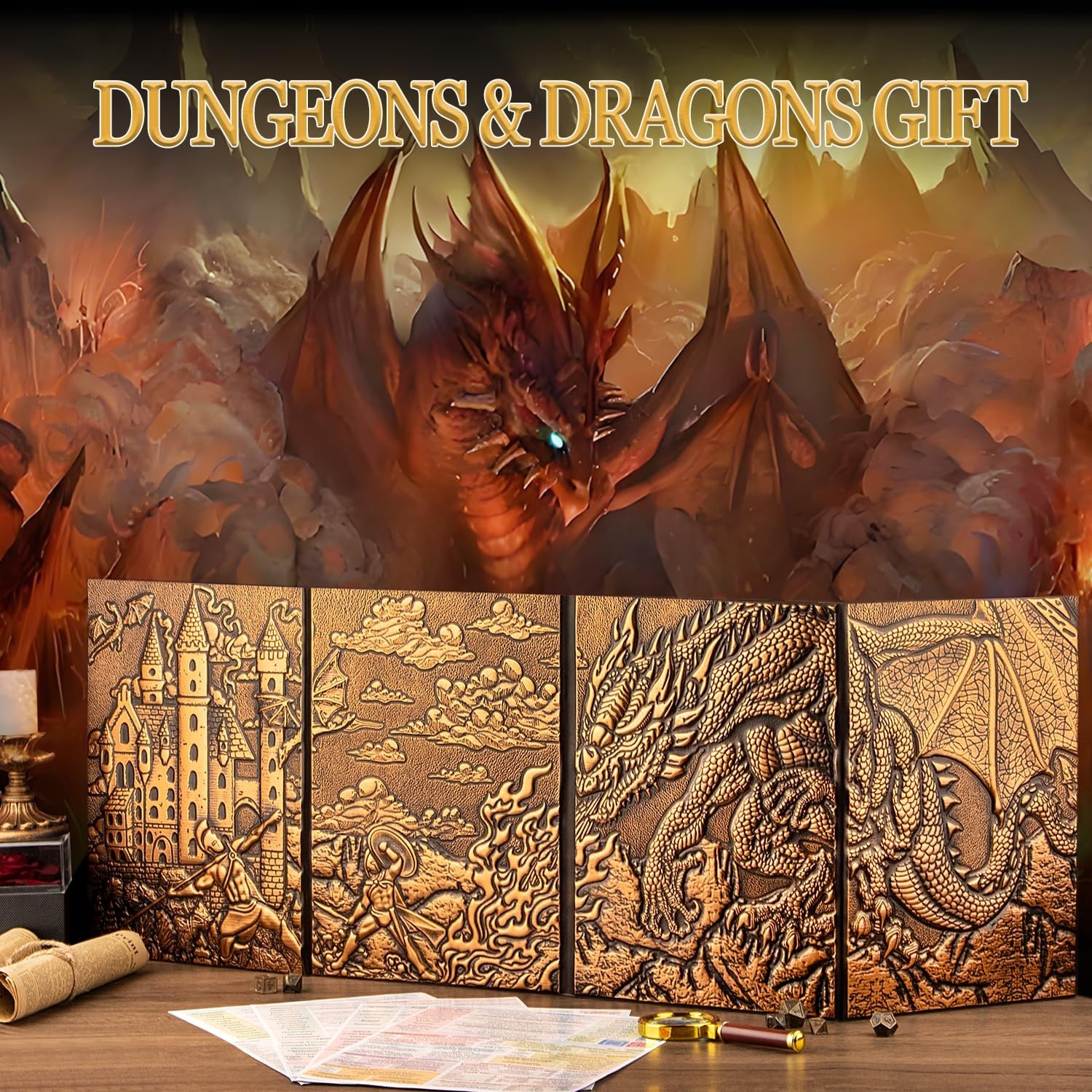 DND Dungeon Master Screen 3D Faux Leather,4 Panel Game Master with Pockets DM…