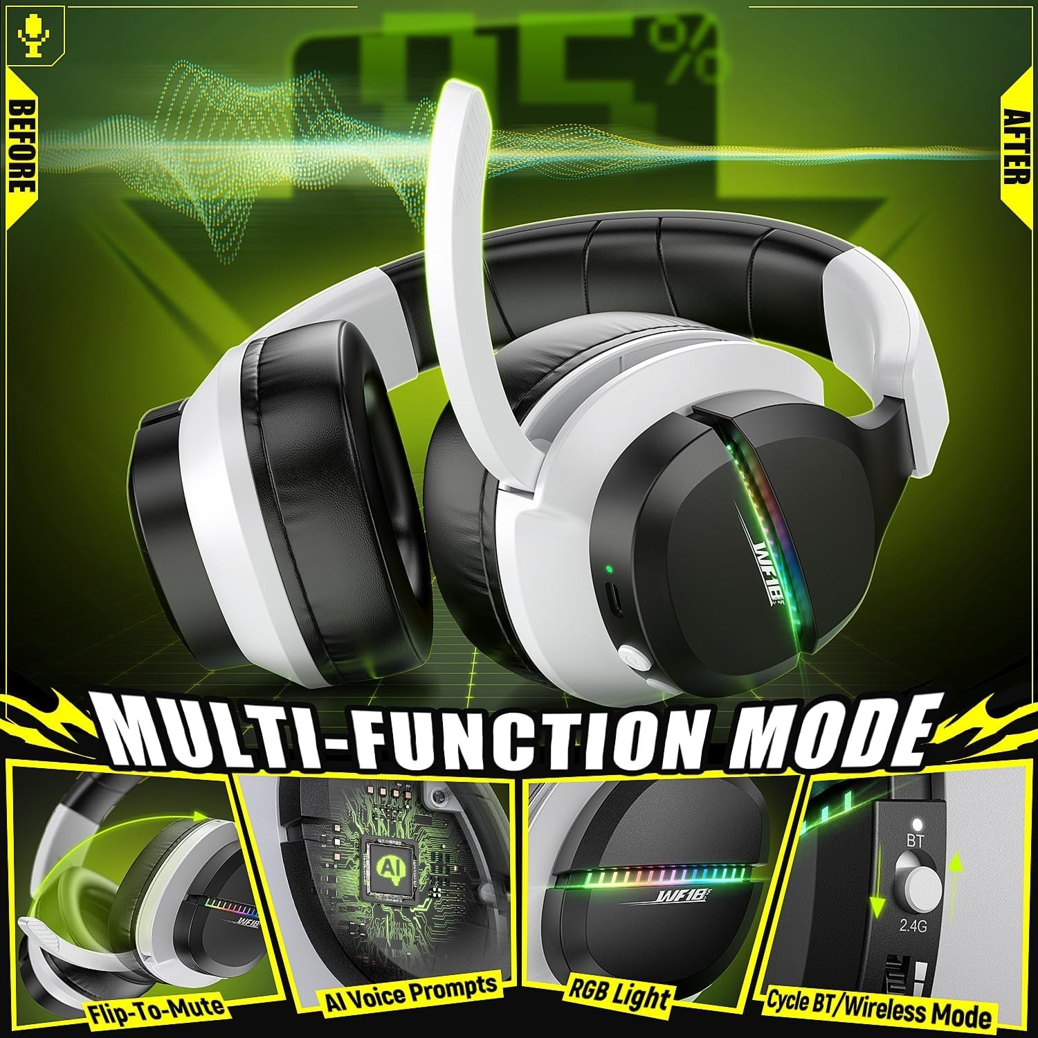 Multi-Platform WF18 Wireless Headset: Flip-to-Mute Mic & 100-Hour Battery