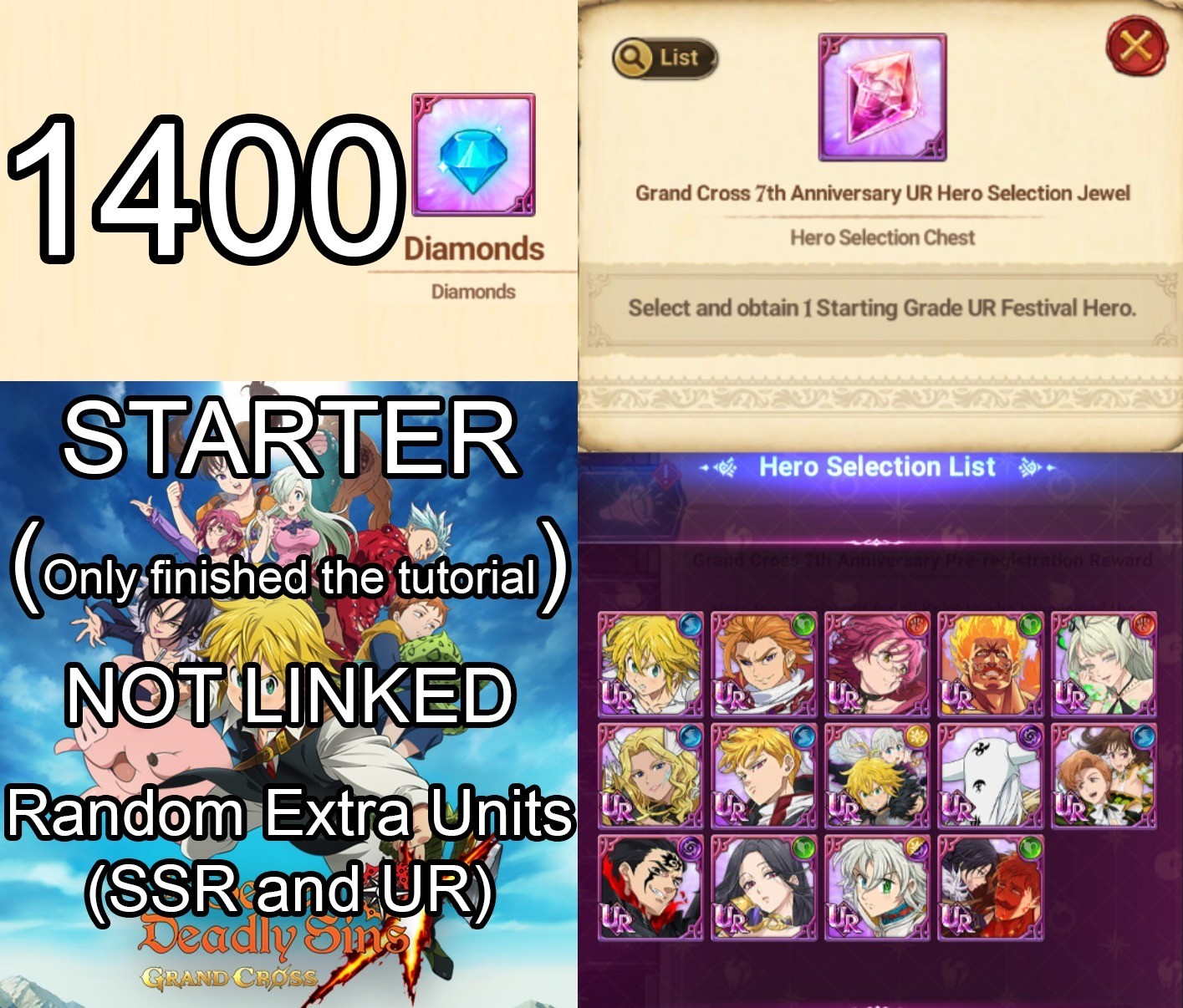 SEVEN DEADLY SINS GRAND CROSS, 1400 Diamonds, UR Selector, Random Units, GLOBAL