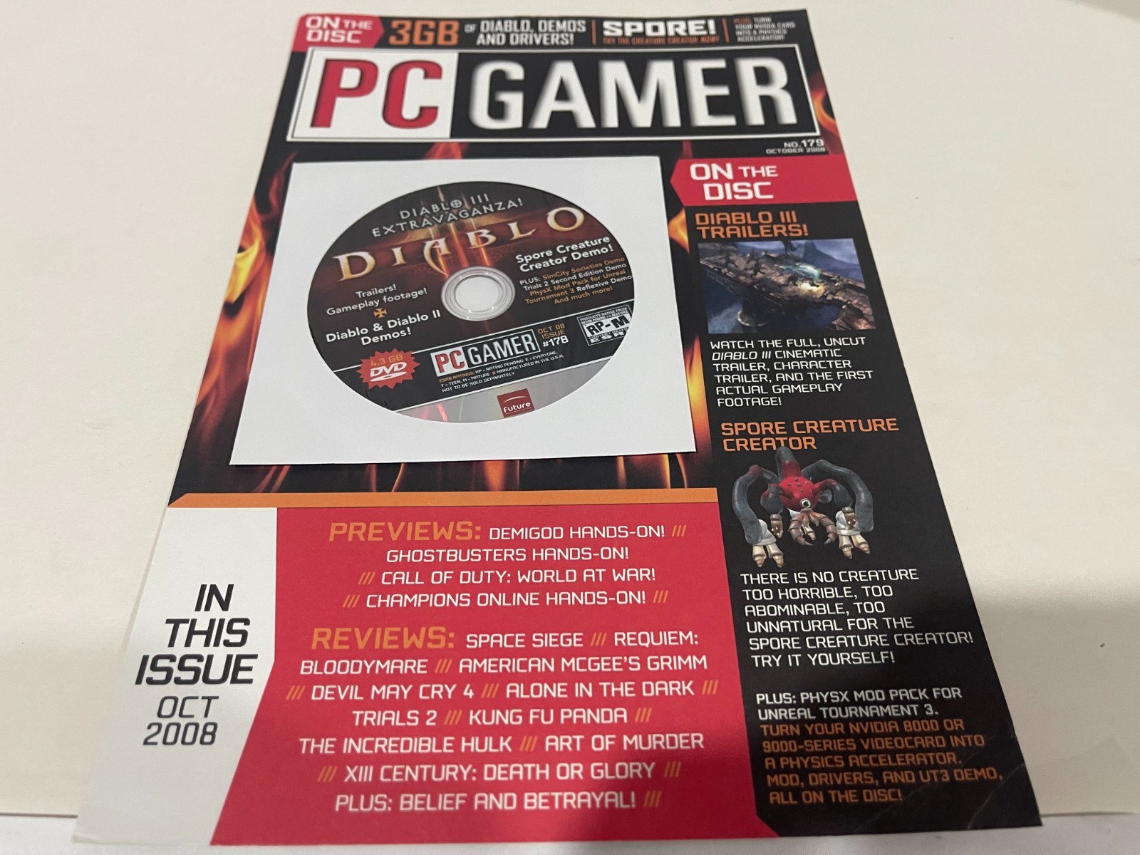 PC Gamer Demo Disc & Index Card Diablo 1 & 2 / Spore Creature Creator Oct 2008