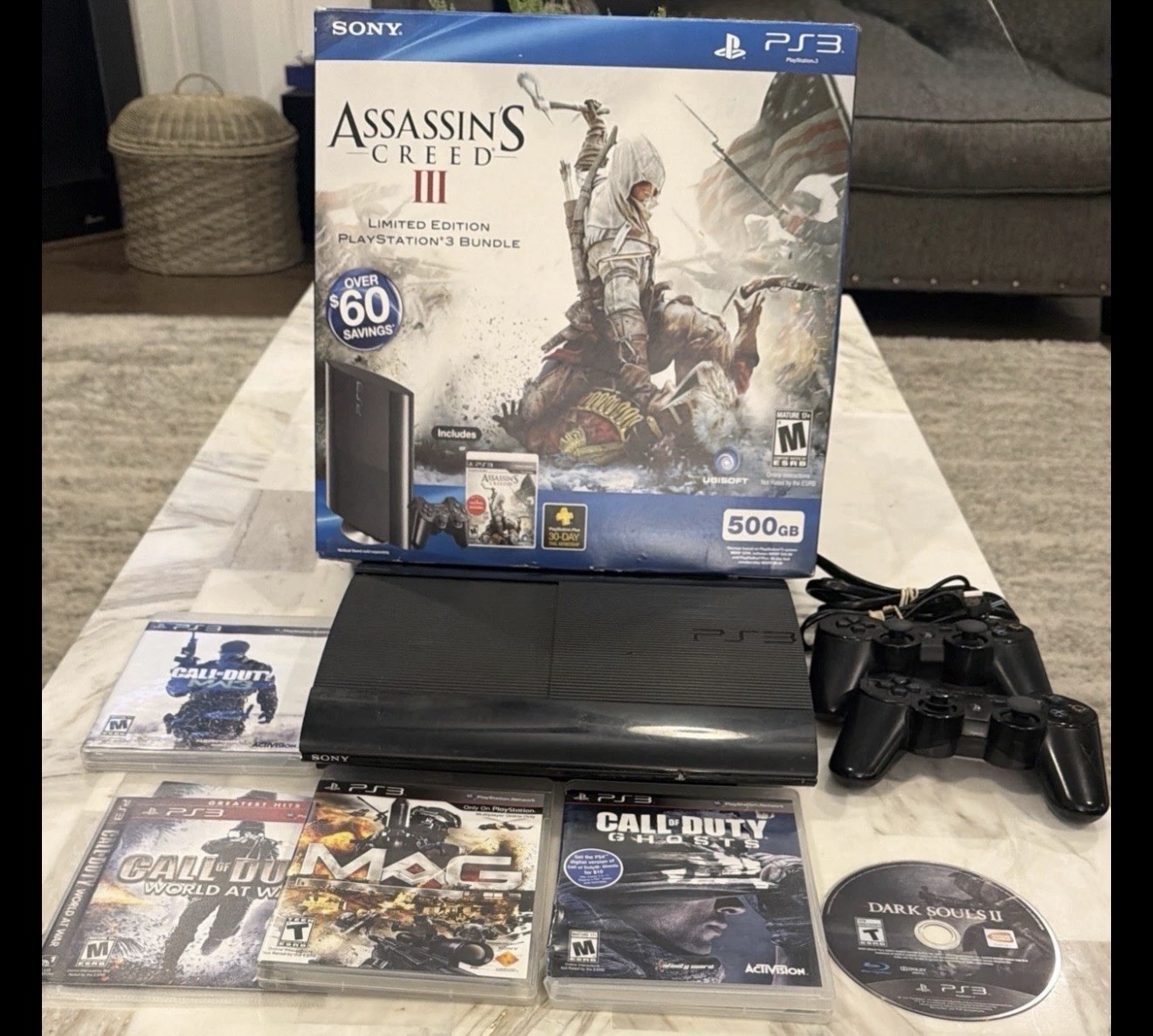 Sony PS3 Super Slim 250GB Console CIB Bundle 2 OEM Controllers 5 Games