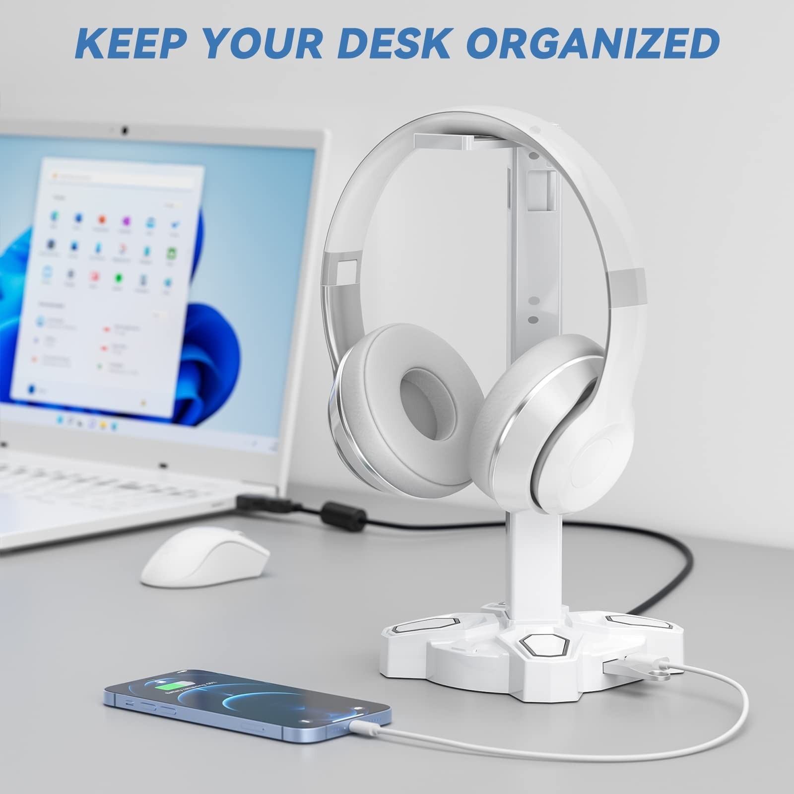 Gaming Headset Stand with RGB Light, 2 USB Ports & 3.5mm Audio Jack – Desktop Ac