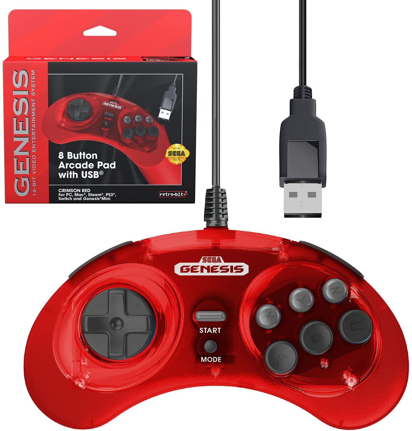 Retro-Bit Official Sega Genesis USB Controller 8-Button PC/Mac Raspberry Pi Red