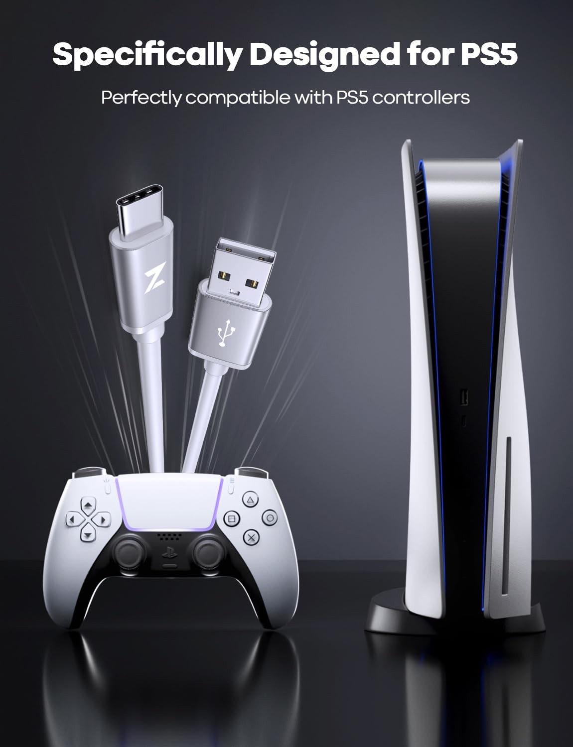 White PS5 USB C Charging Cable 10Ft, Long PS5 Controller Charger Cord, 10 Ft USB