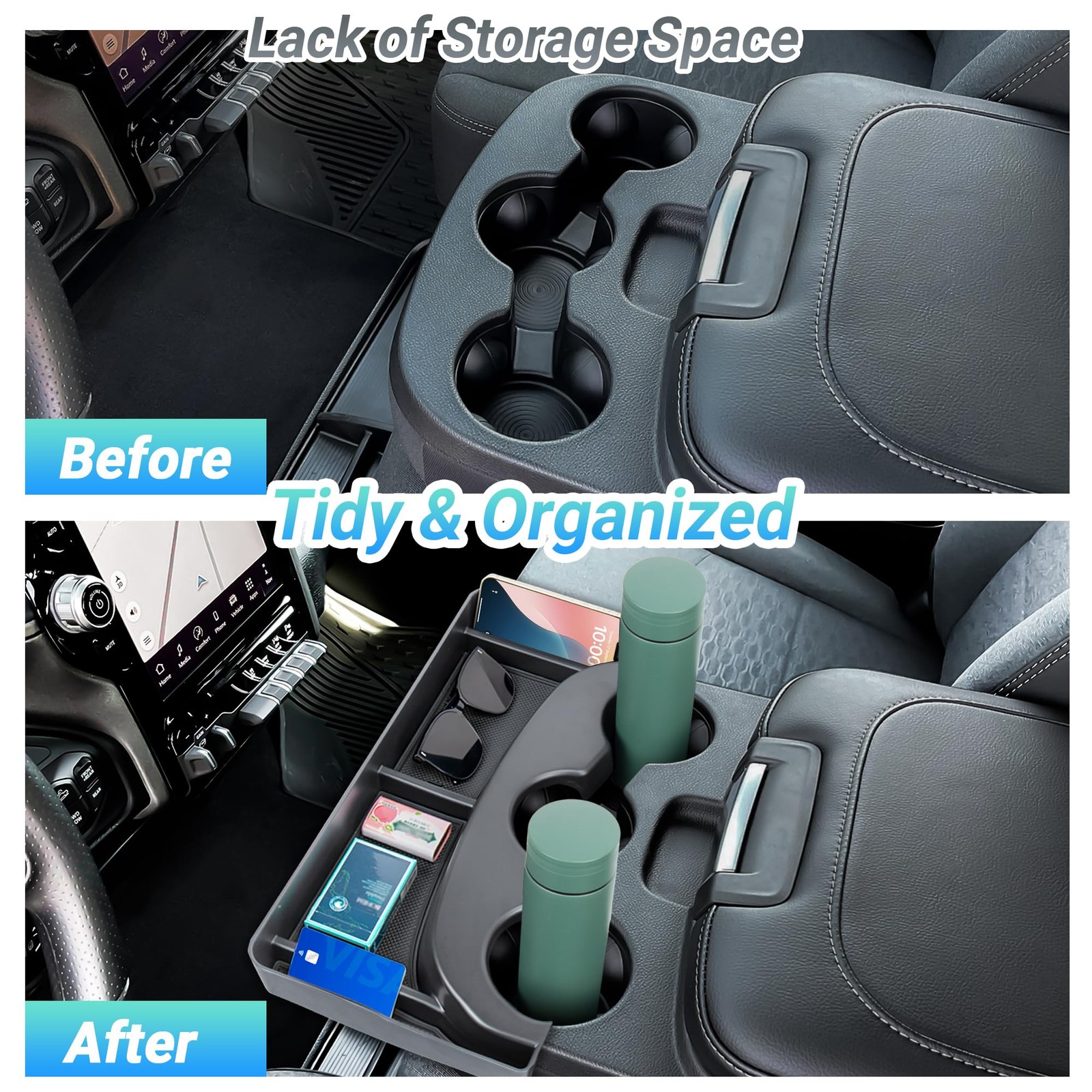 Sinminou Center Console Cup Holder Organizer Compatible 2013-2024 Dodge Ram