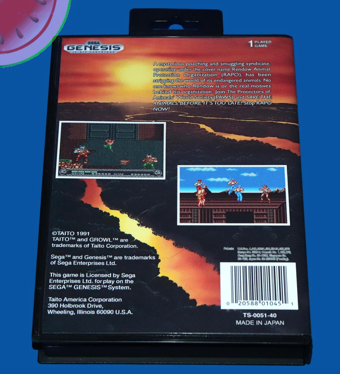 TESTED Sega GENESIS Game GROWL Beat Em Up with NEW Case, Manual, Taito Wave Ad