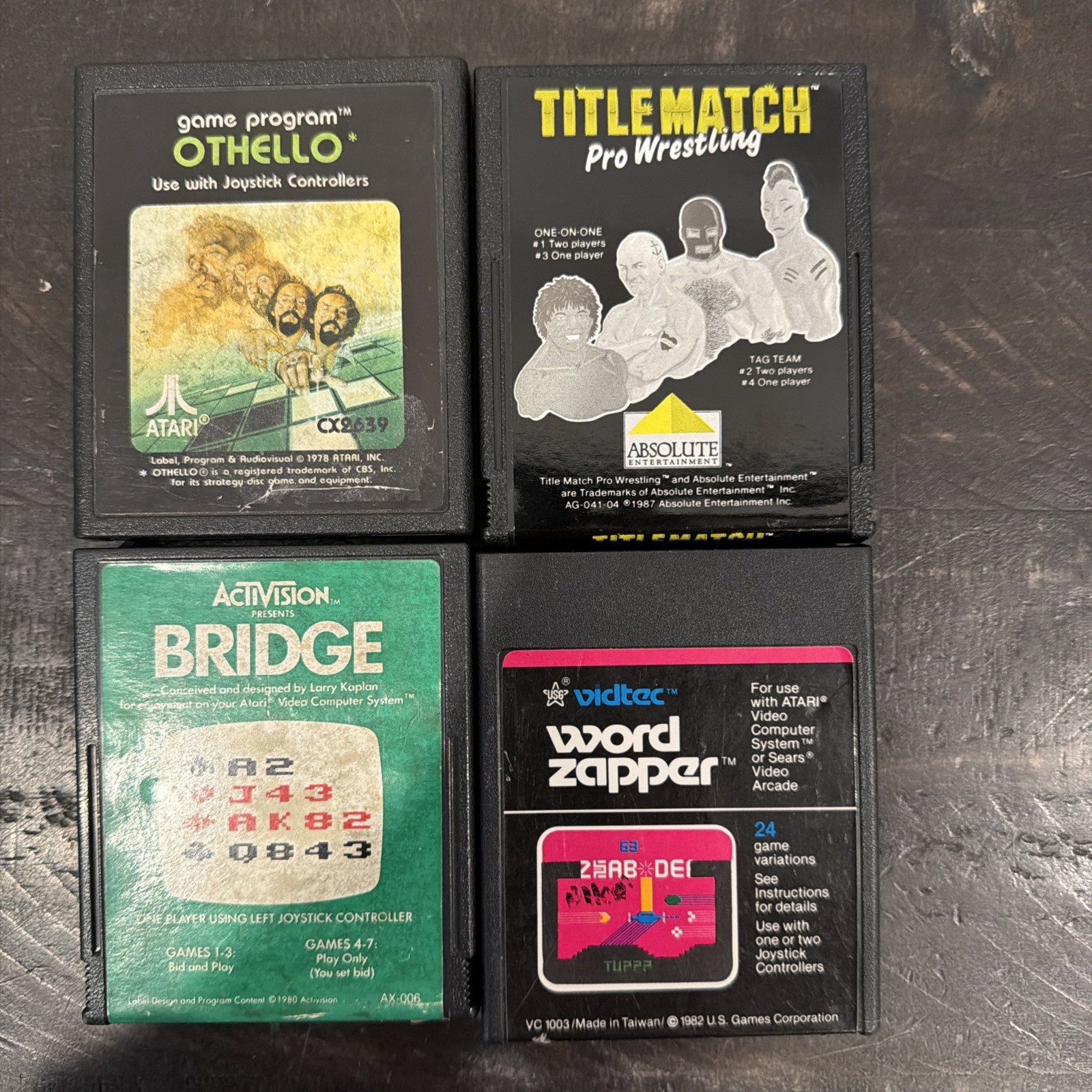 Atari 2600 Game Lot Title Match,Bridge, Othello & Word Zapper