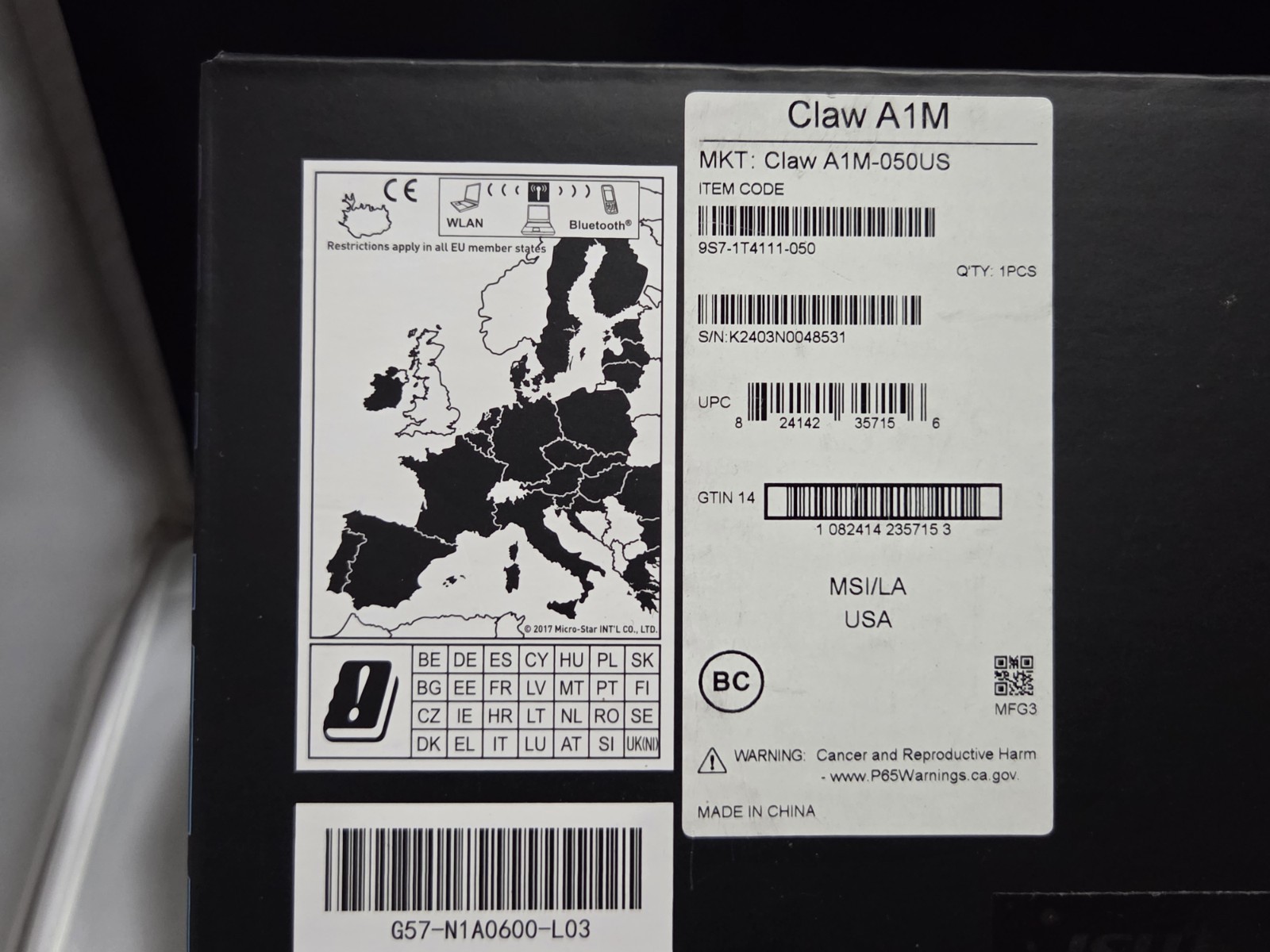 MSI Claw A1M Black Handheld Gaming PC 1TB SSD Windows FHD Wi-Fi Bluetooth
