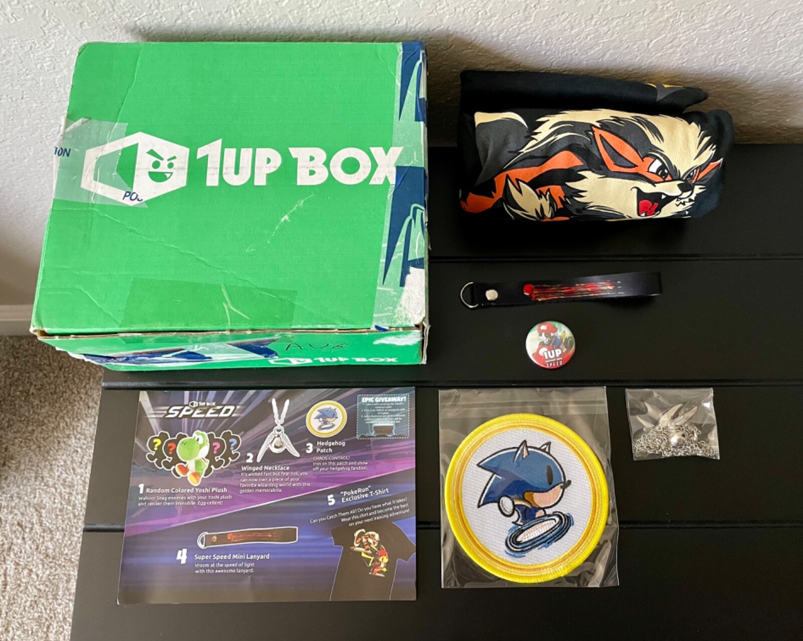 1UP Loot Subscription Box (August 2016) Tshirt, Sonic, Pokemon, Pikachu Arcanine