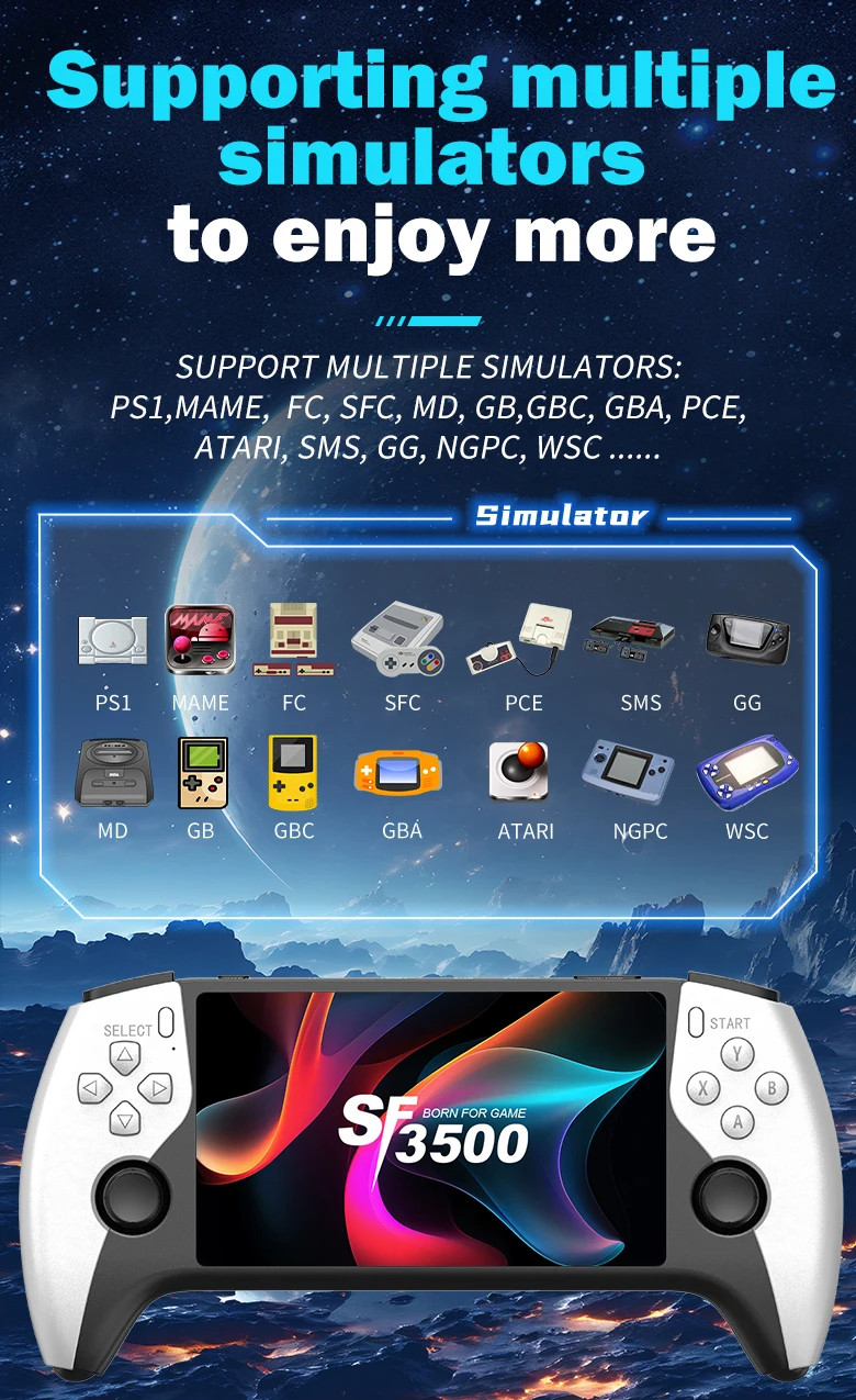 SF3500 Handheld Game Console 5 Inch IPS Screen with Wireless Controller Support