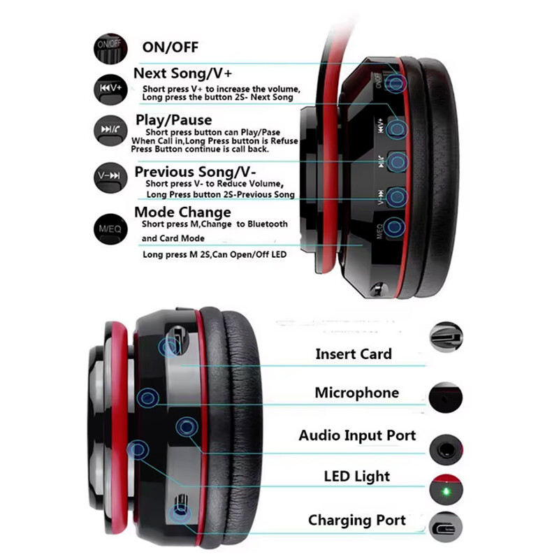Foldable BT Wireless Headset LED Noise Cancellation for Samsung Galaxy / iPhone