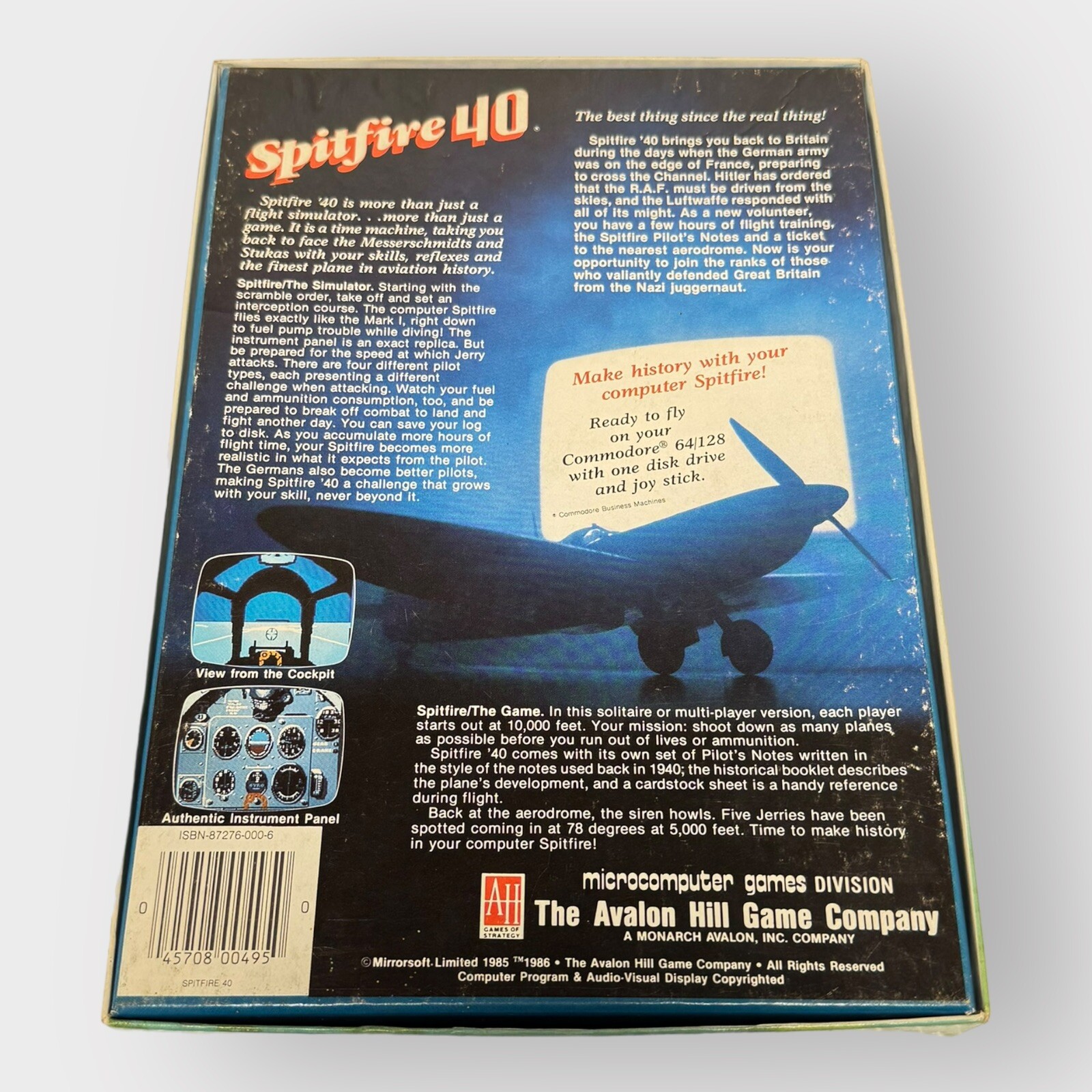 Spitfire 40 by Avalon Hill Commodore 64, 128 C64 C128 5.25″ disk, box and manual
