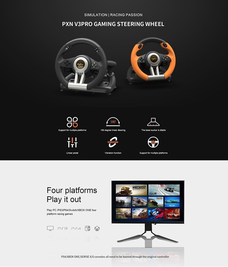 PXN V3 PRO Racing Wheel & Pedals for PC, PS3, PS4, X-One, X/S, Switch – Orange