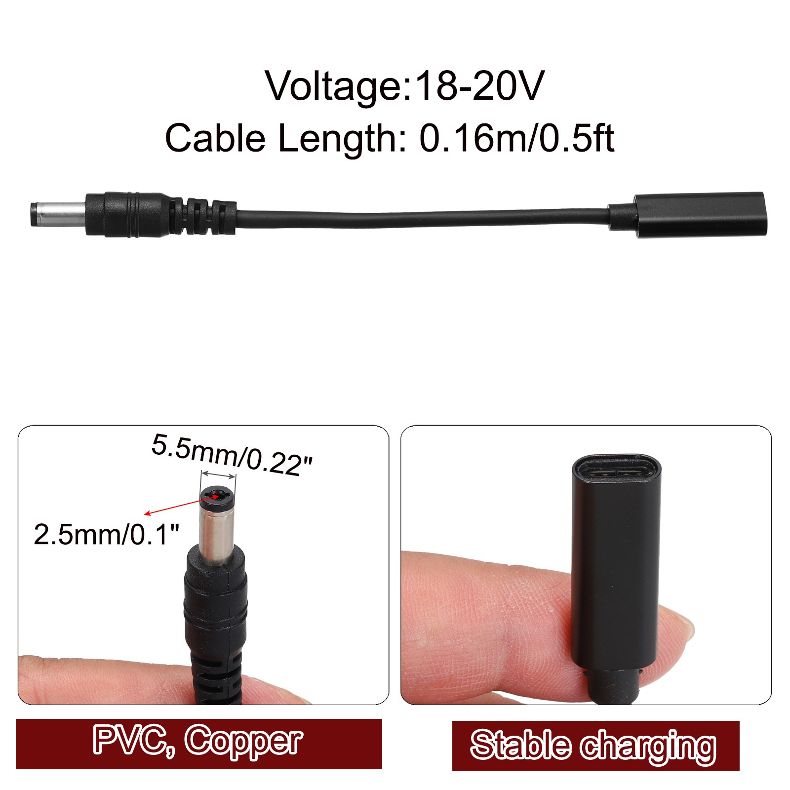 0.5FT USB C to DC PD Power Fast Charging Cable, 5.5mmx2.1mm 65W/18V-20V(Black)