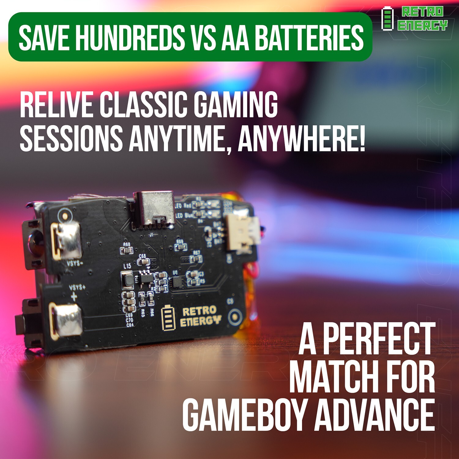 Retro Energy 1800 mAHz Game Boy Advance USB-C Rechargeable Battery – 14+ Hours