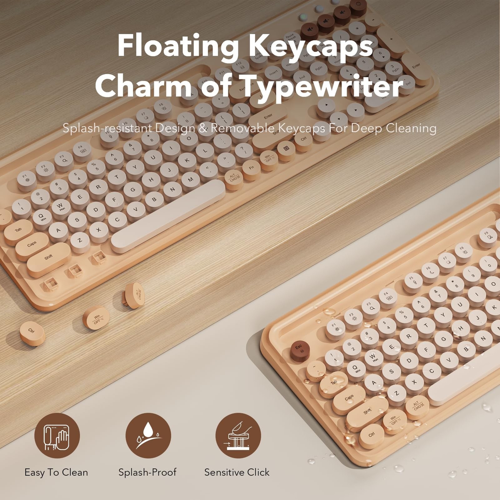 Wireless Keyboard and Mouse Combo with Retro Round Keycaps, Full-Size Cute Ty…