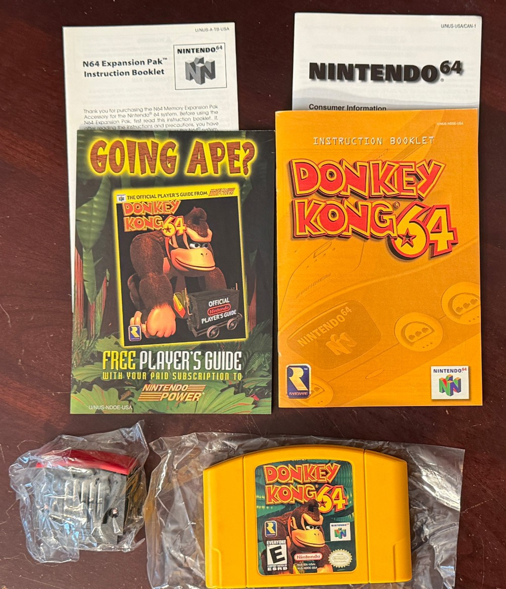Donkey Kong 64 (Nintendo 64 1999) Yellow Cartridge CIB + Expansion Pak TESTED