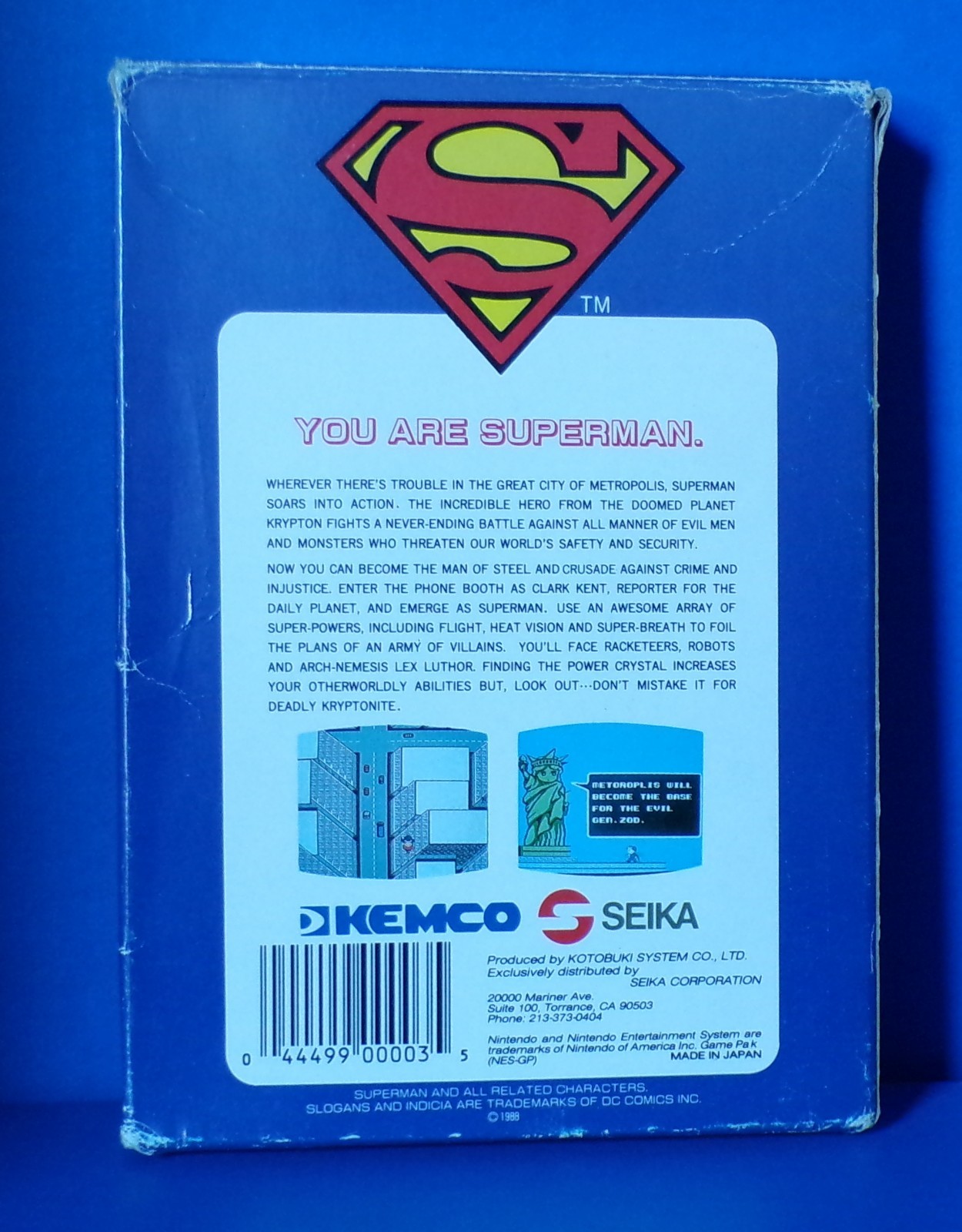 Superman Nintendo Entertainment 1988 NES DC Comics Kemco Box, Cart & Dust Cover