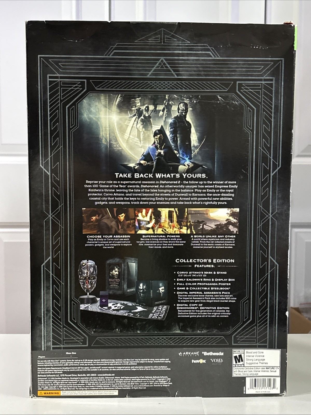 Dishonored 2 Collector’s Edition Xbox One w Steelbook, Mask & Ring Box COMPLETE