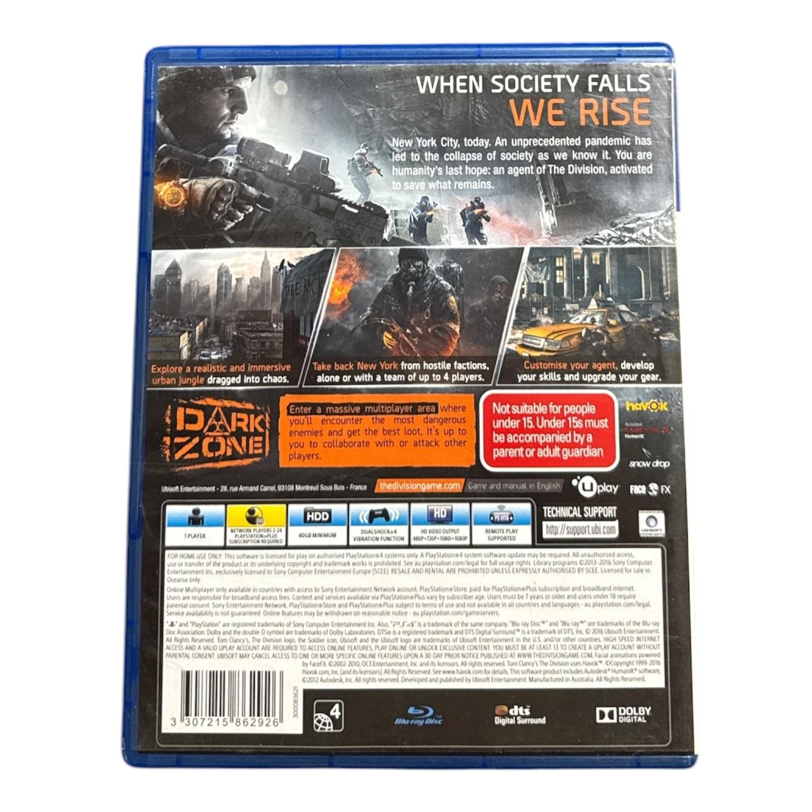 Tom Clancy’s The Division PS4 Game Ubisoft PAL MA15+ Shooter 2016 Blue Case