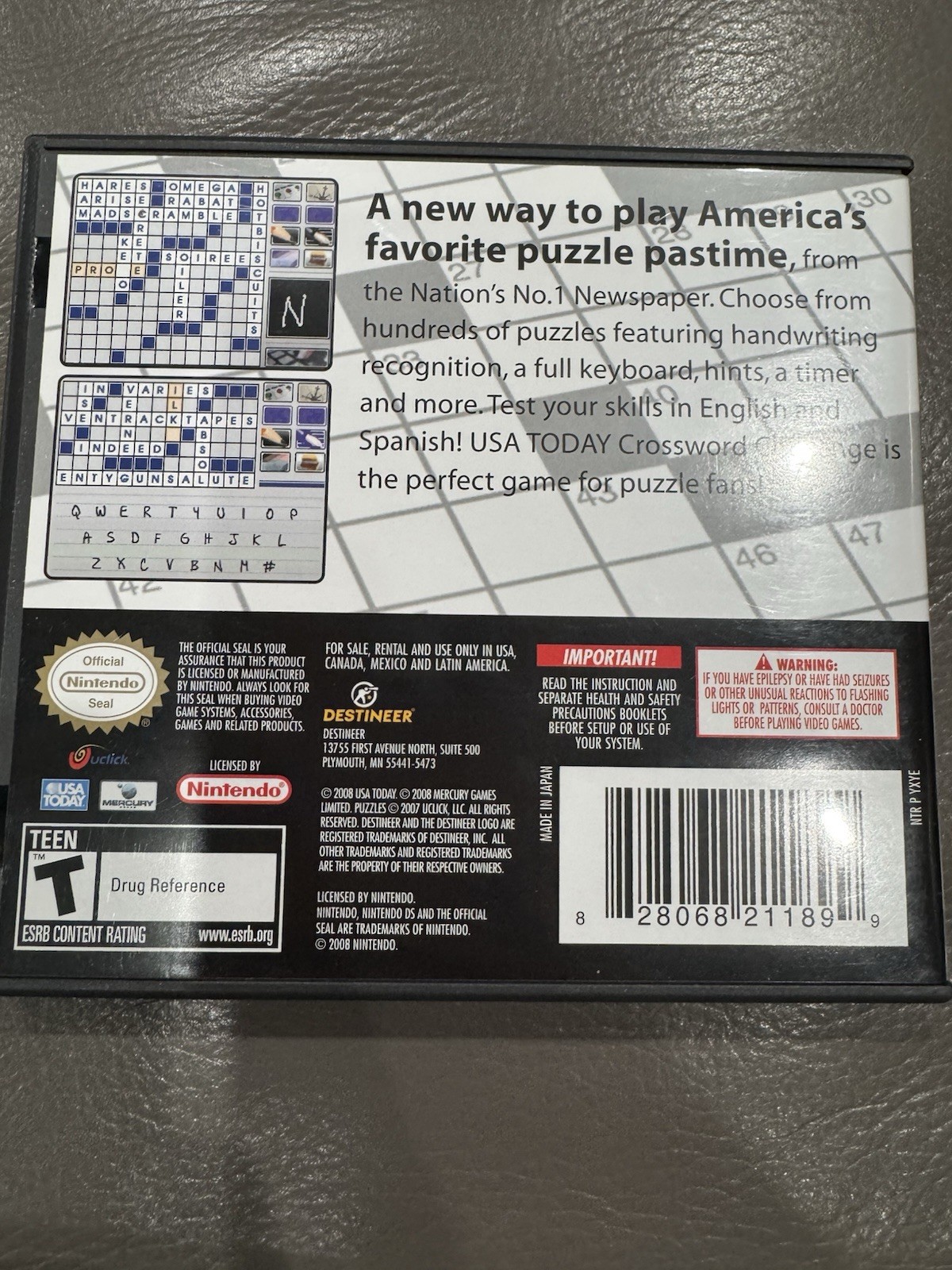 Nintendo DS USA Today Crossword Challenge Game with Case