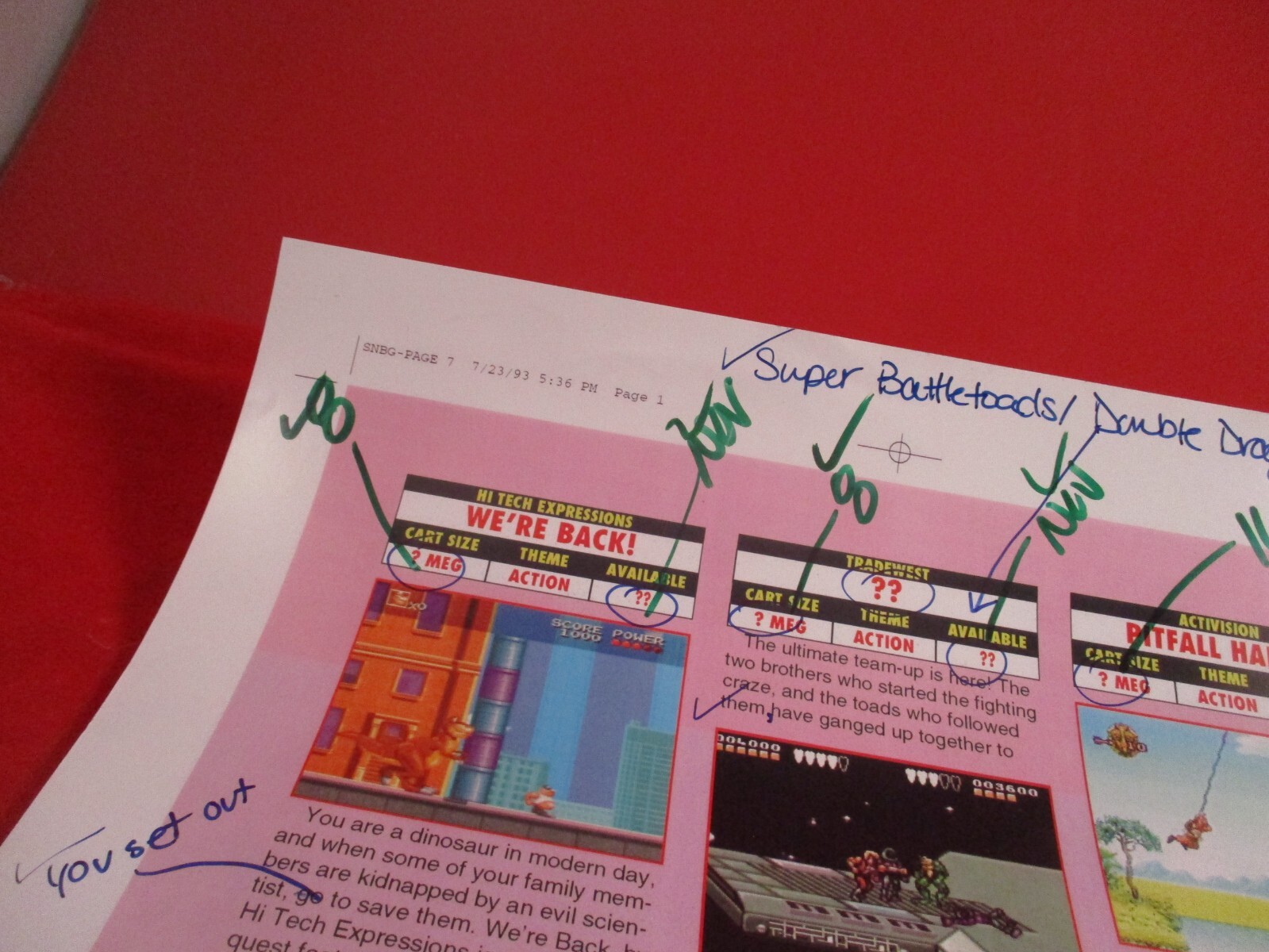Super NES Buyer’s Guide Magazine Prototype Sheet We’re Back Battletoads Double D