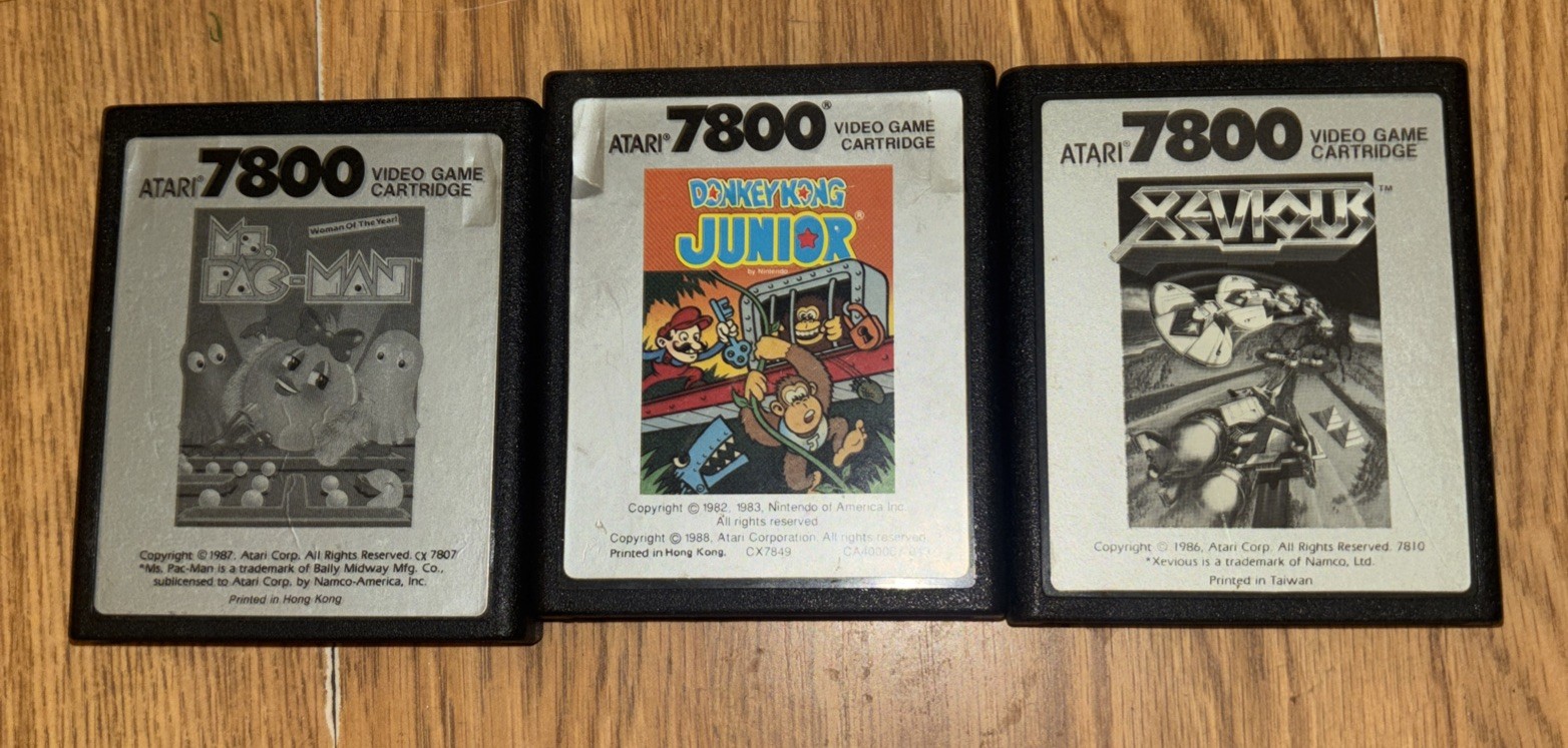 ATARI 7800 3 CARTRIDGES DONKEY KONG JUNIOR, MS PACKMAN & XEVIOUS VINTAGE