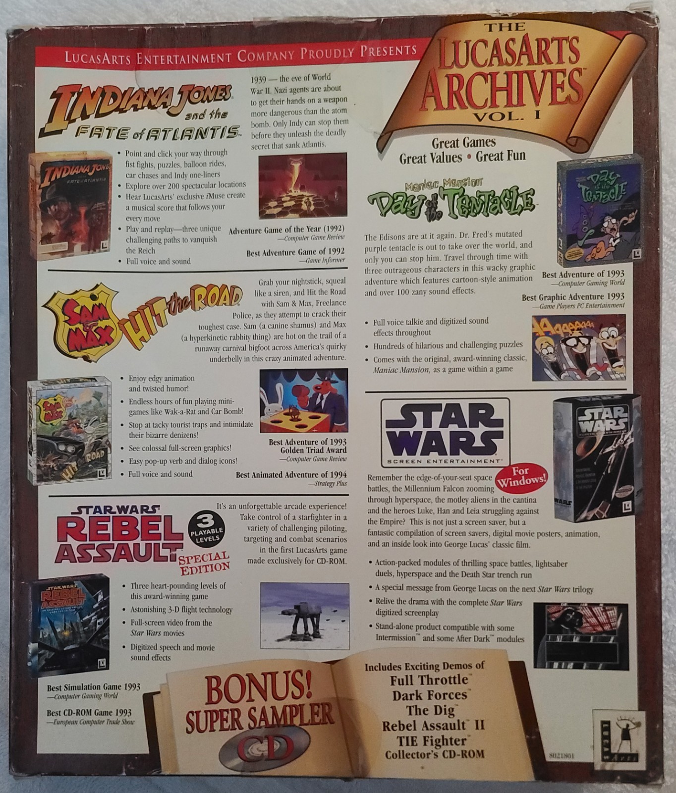 New! LucasArts Archives Vol 1 PC CD-ROM Games Indiana Jones Sam & Max. CIB