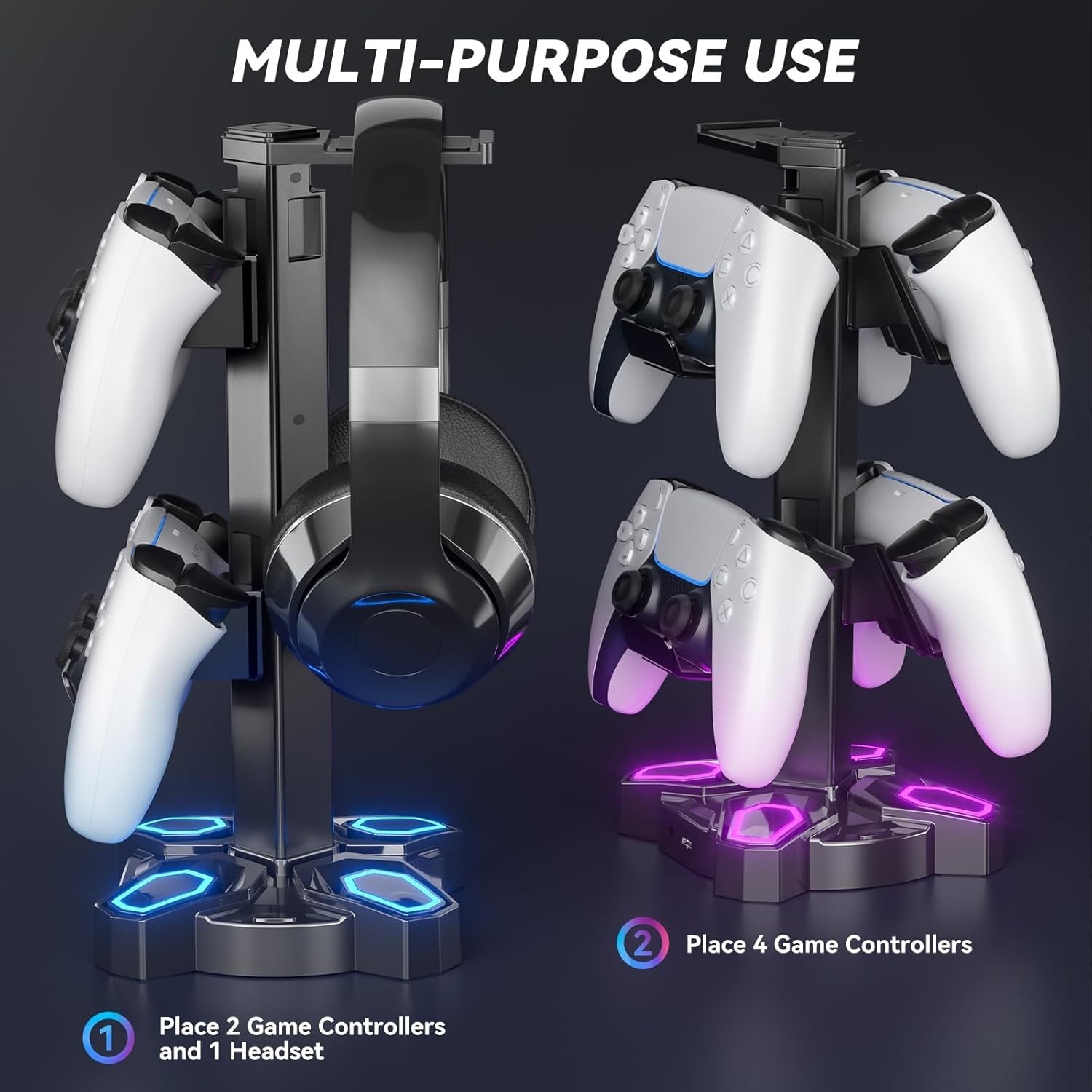 Stylish Rotating Gaming Headphone & Controller Holder with RGB Lights – Black