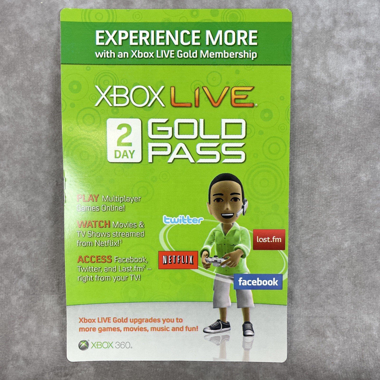 Microsoft Xbox Live Gold Pass 2 Day Trial for Xbox 360 Collectible Promo Insert