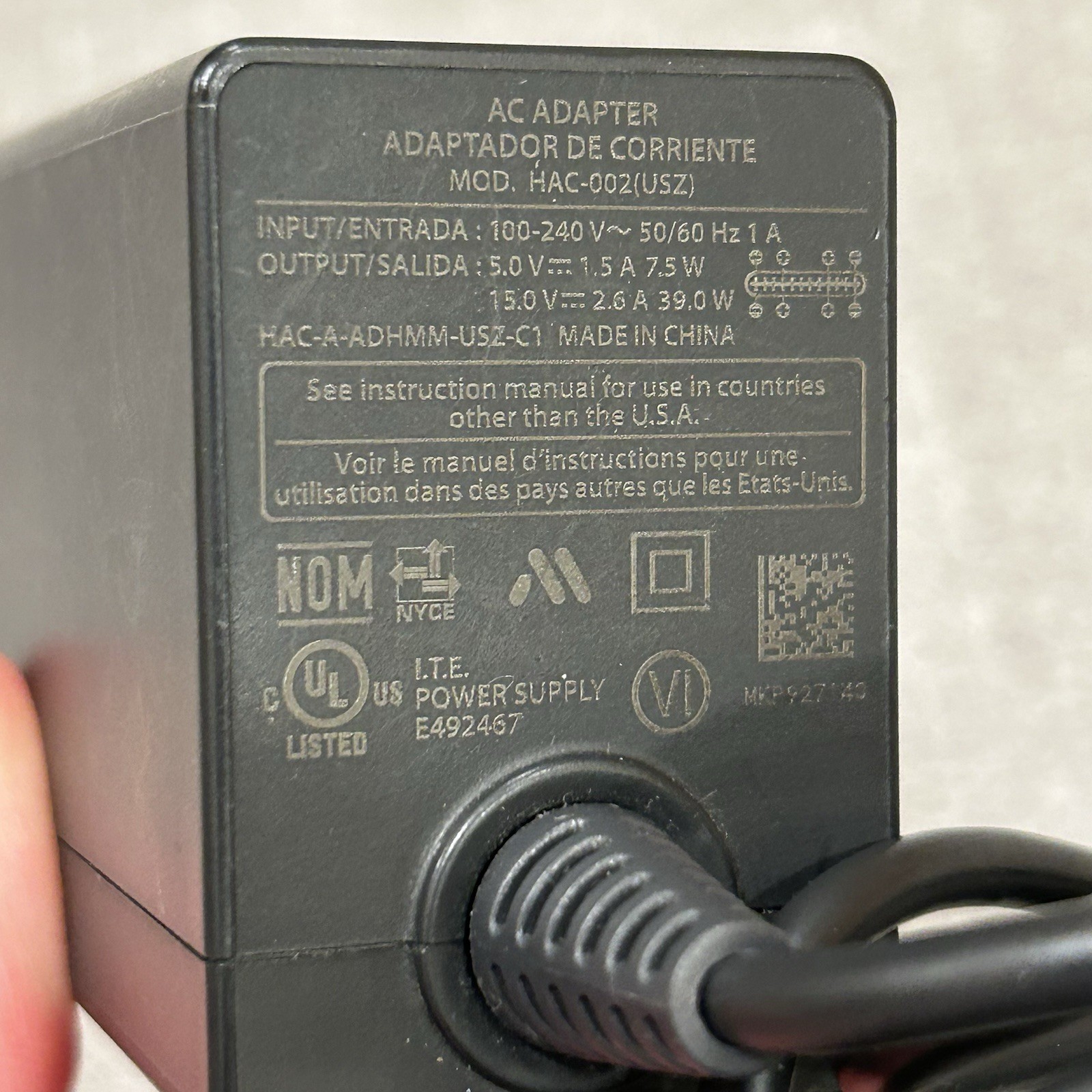 Official Nintendo Switch AC Adapter Charger Power Cord Cable HAC-002(USZ)