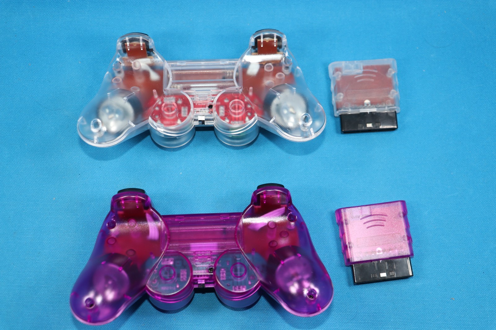 PLAYSTATION 2 PS2 PS1 Dual Vibration WIRELESS Controller CLEAR + PURPLE SET OF 2
