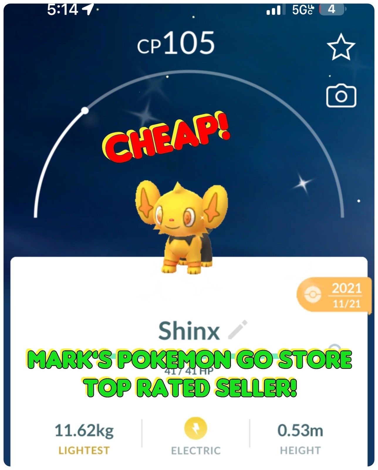 Pokémon✨Shiny Shinx✨Registered or 30 Days✨TRA-DE✨Go
