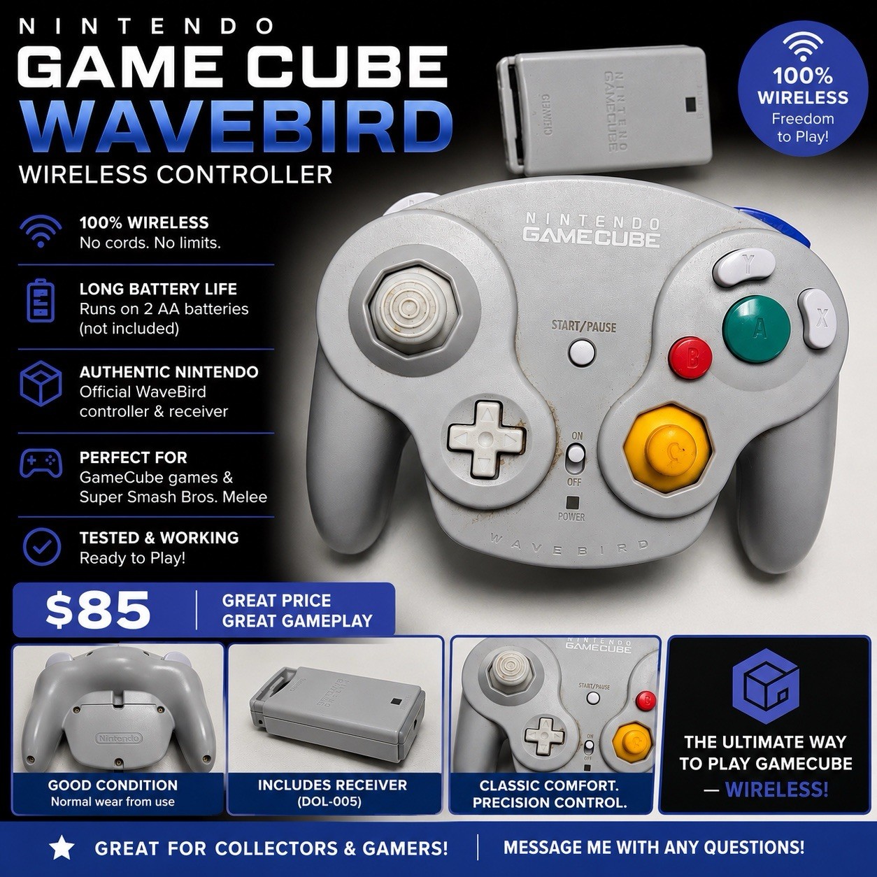Nice! Tested! Nintendo Gamecube Wavebird Gray Wireless Controller w/ Receiver