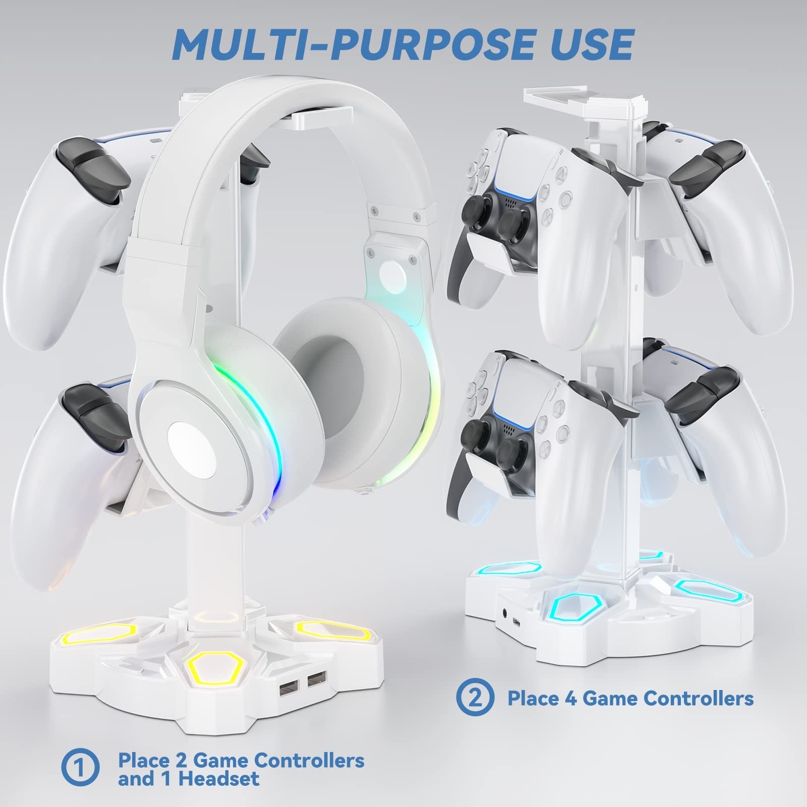Gaming Headset Stand with RGB Light, 2 USB Ports & 3.5mm Audio Jack – Desktop Ac