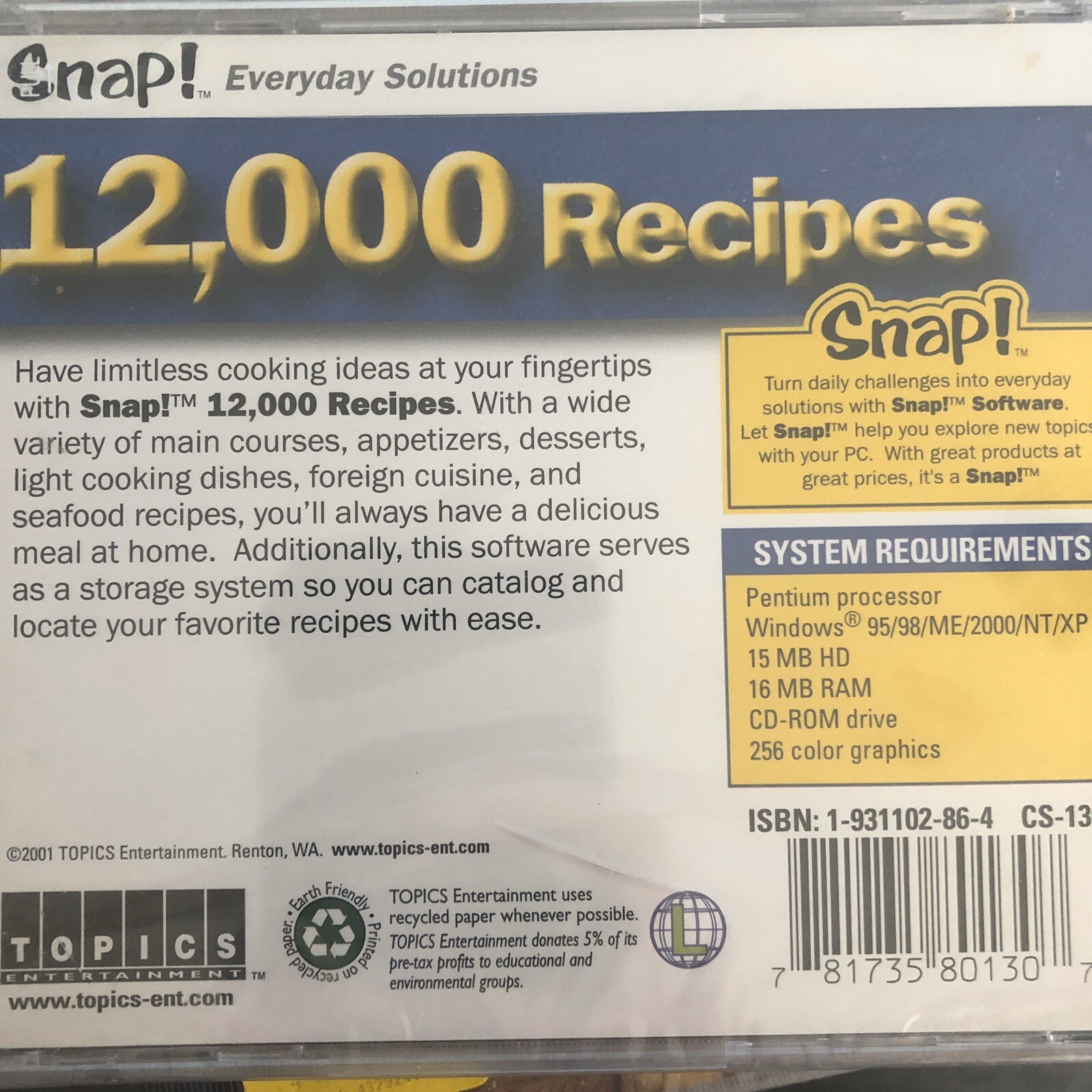 12,000 Recipes CD-Rom PC Snap! New Cooking Dishes Main Courses Desserts Appetize