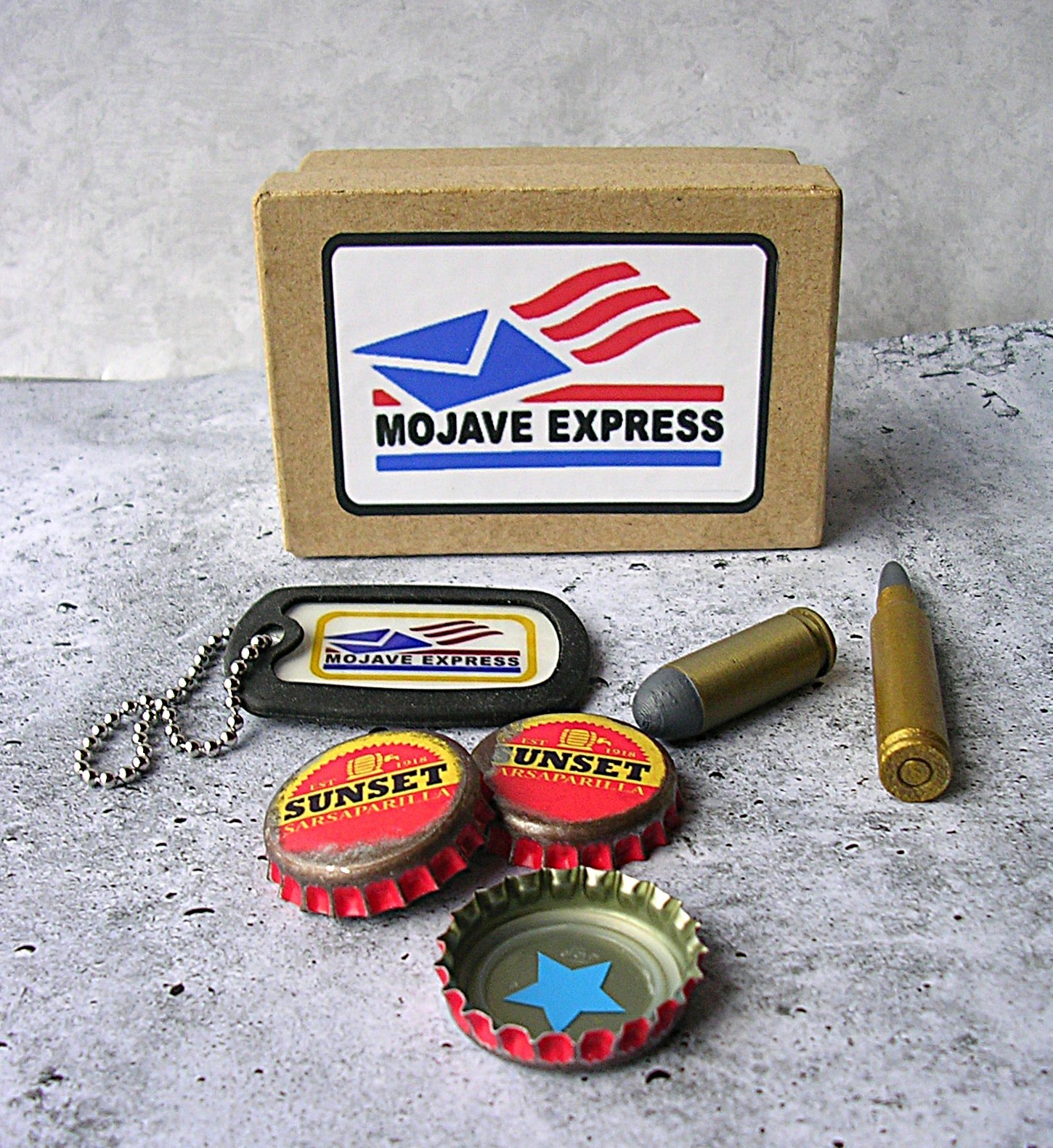 Fallout New Vegas Mojave Express Dog Tag Sunset Caps Ammo in Gift Box
