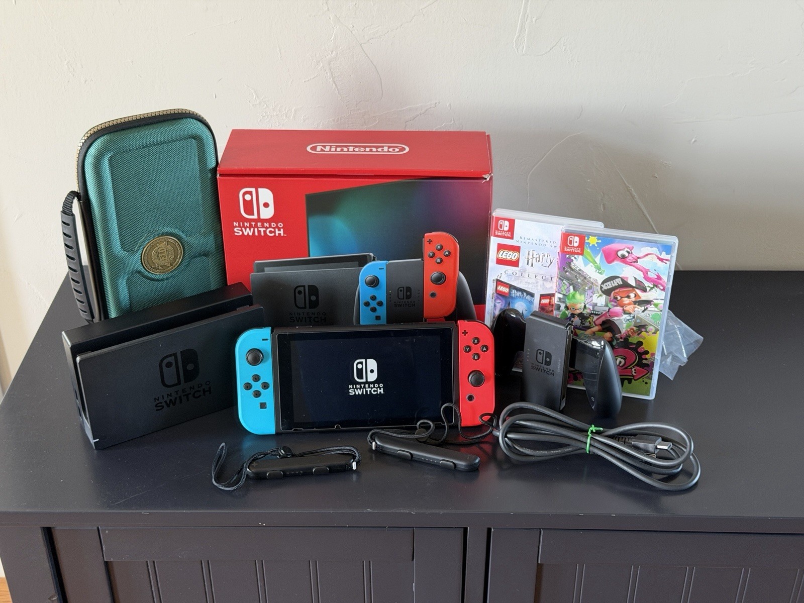 Nintendo Switch System 32GB Console w/Neon Red Blue Joy-Cons in Box 128 SD Games