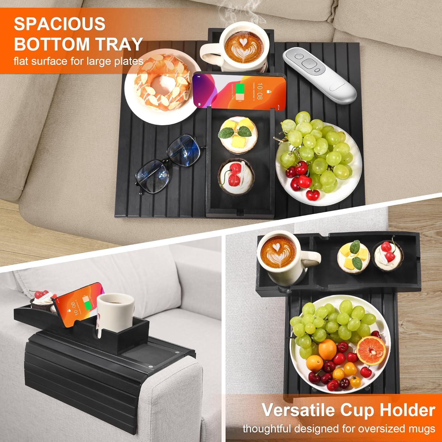 Couch Cup Holder, 3-In-1 Magnetic Detachable Couch Arm Tray, Bamboo Sofa Armrest