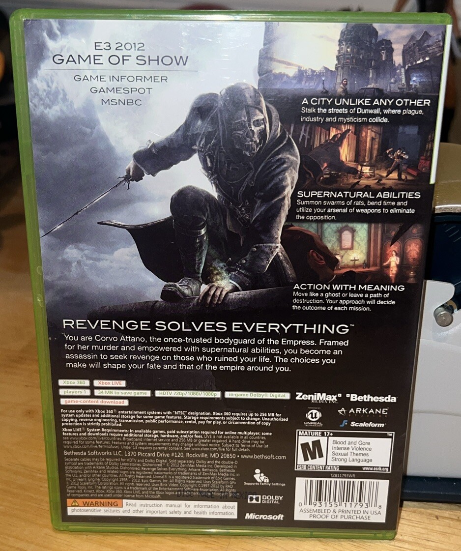 Dishonored – Microsoft Xbox 360 – Complete In Box CIB