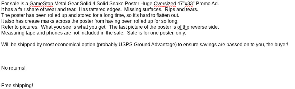 GameStop Metal Gear Solid 4 Solid Snake Poster Huge Oversized 47″x33″ Promo Ad