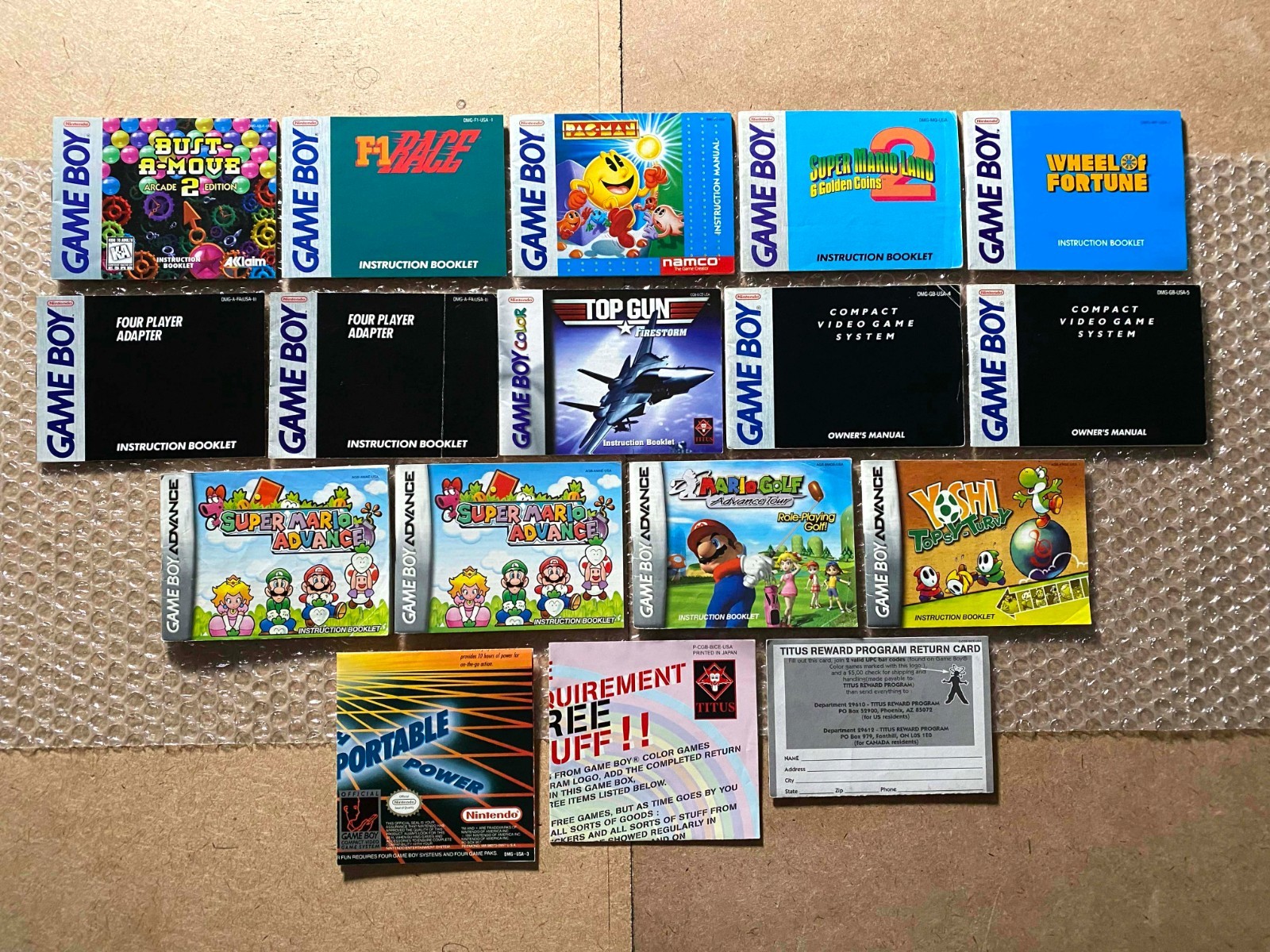 LOT OF 13 Game Boy/GBC/GBA Manuals (Mario Yoshi Pac-Man Bust-A-Move Top Gun)