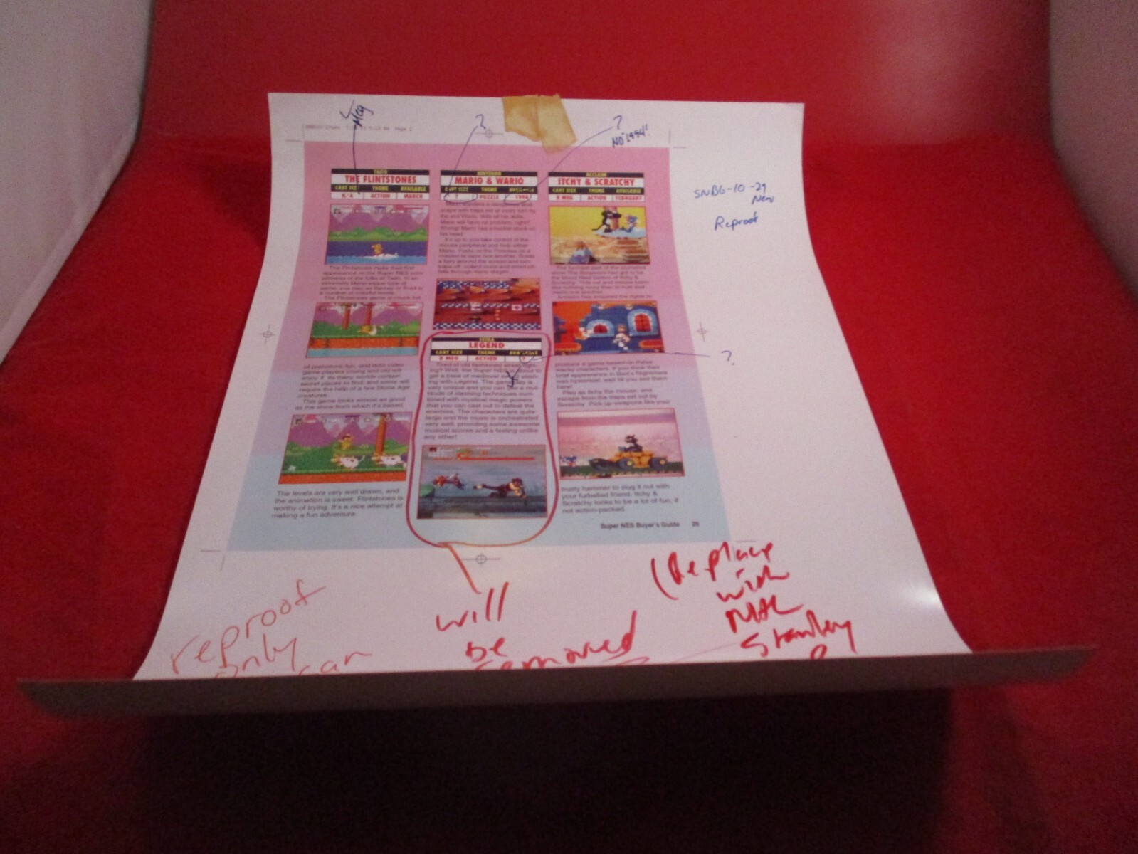 Super NES Buyer’s Guide Magazine Prototype Sheet Flintstone Mario & Wario Legend