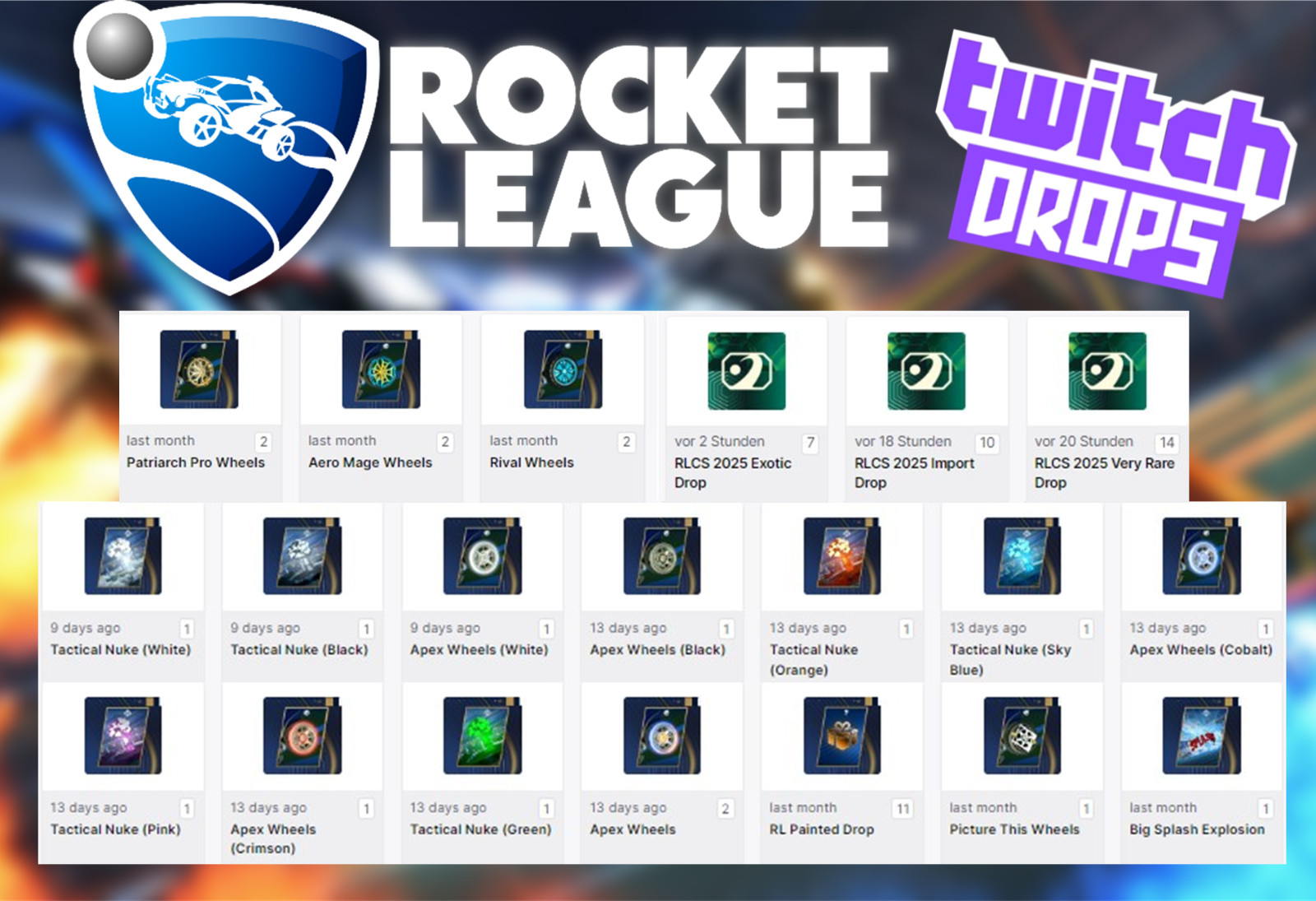 Rocket League Twitch Drops – 57 Items – Wheels + Explosions + Packs
