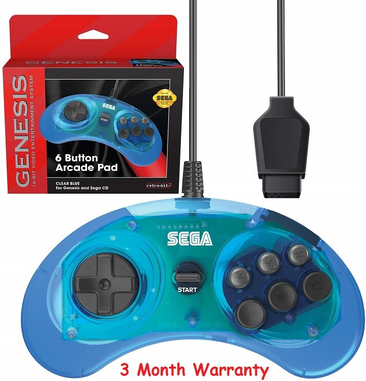Retro-Bit Official Sega Genesis Controller 6-Button Arcade Pad – Clear Blue