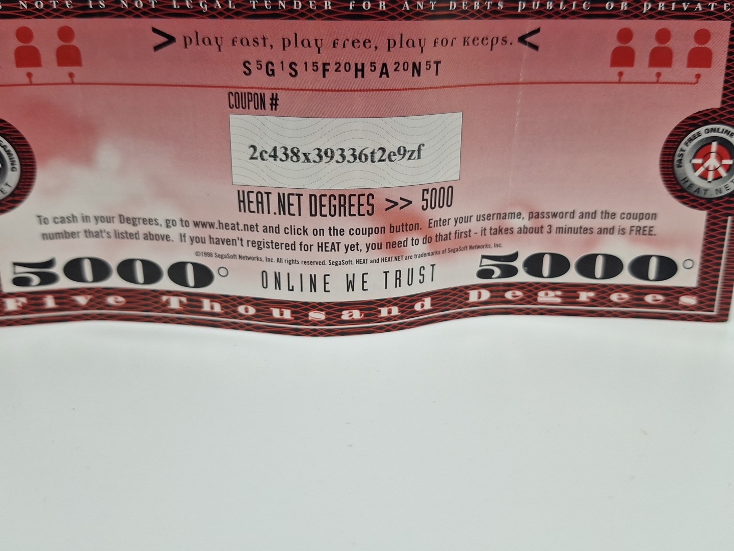 Heat.Net 1998 Segasoft Degrees [5000] (Defunct Online Game Currency *Paper) (O)