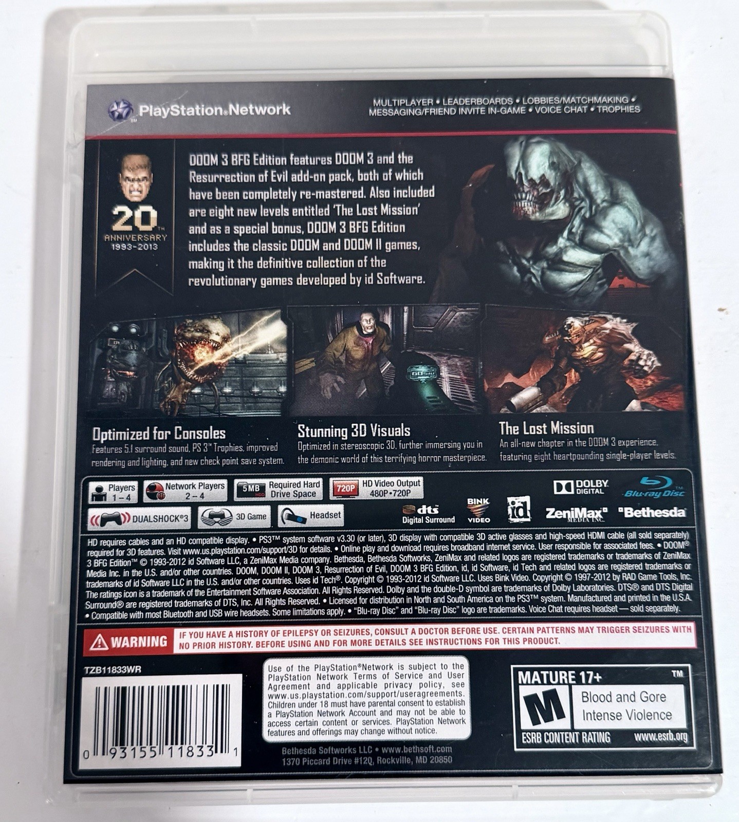 Bethesda Doom 3 BFG Edition Sony PlayStation 3 PS3 3D Compatible Multiplayer