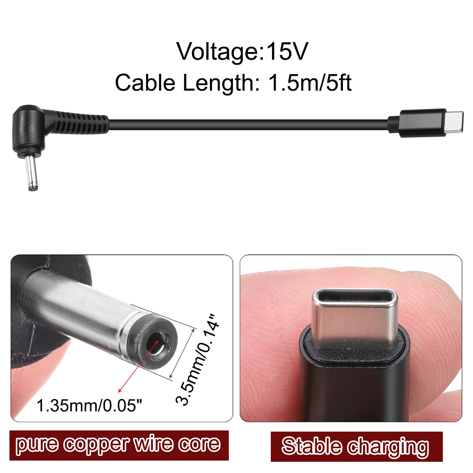 5FT USB C to DC PD Power Fast Charging Cable, 3.5mmx1.35mm 45W/15V(Black)