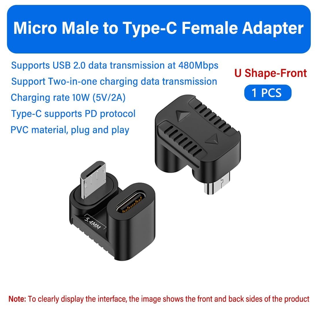 USB TypeC Female To Micro USB Male 180 Degree UShaped Adapter 5V/2A 2 PCS